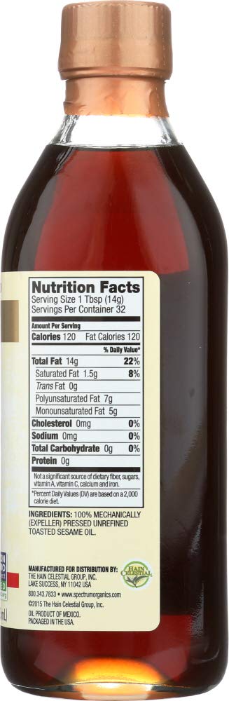 Organic Toasted Unrefined Sesame Oil - 16 Oz (Pack of 6) | Cold-Pressed, Rich Flavor for Asian Cooking, Stir-Fry, Salad Dressing & Marinades | Spectrum Naturals Premium Sesame Oil
