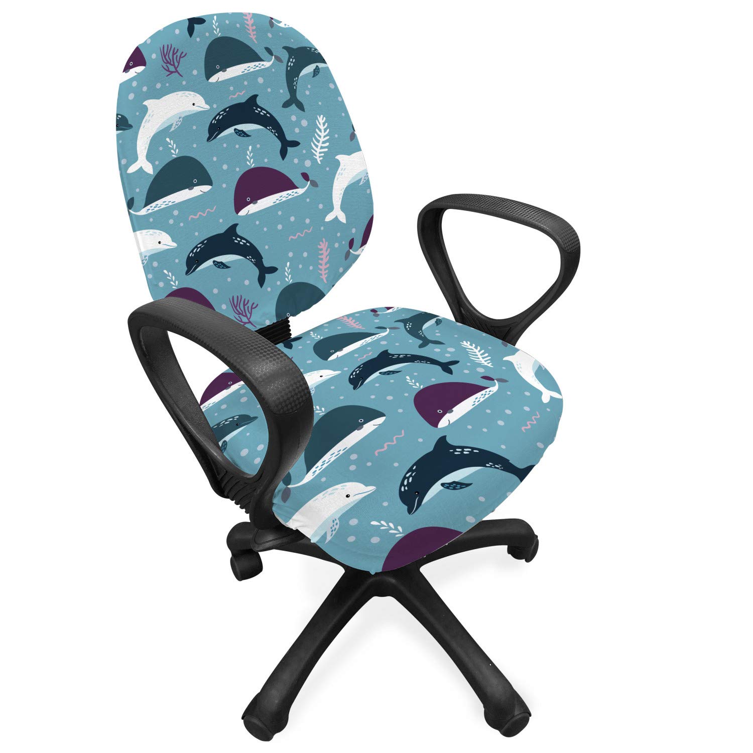 Ambesonne Nautical Office Chair Slipcover - Cartoon Sea Life Underwater World with Whales, Dolphins, Bubbles & Corals - Stretch Fabric Chair Cover Protector - Sea Blue Multicolor - Perfect for Home Office, Gaming Chair, or Dining Room Decor