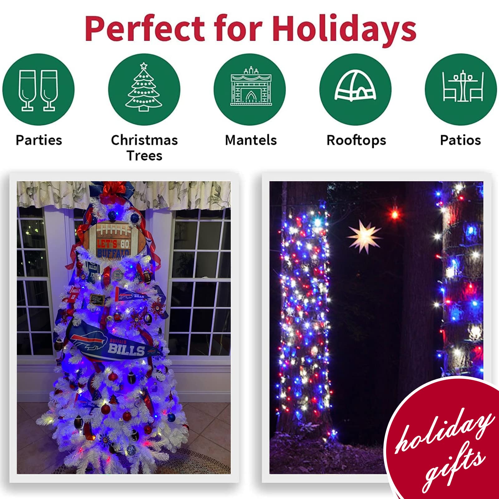 Red White & Blue Patriotic String Lights - 19.6Ft 100 LED Mini Lights with White Wire, UL Certified for Independence Day, Memorial Day, 4th of July Decorations - Perfect for Outdoor Patio, Garden, Party, and Holiday Lighting