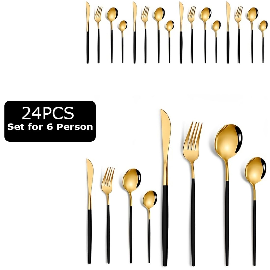Premium BonZeaL 24-Piece Black Gold Cutlery Set for 6 - Mirror Finish Stainless Steel Flatware Set - Elegant Housewarming Gift for New Home, Hotel, Cafe, Bar & Restaurant - Perfect for Weddings, Dinner Parties & Formal Dining