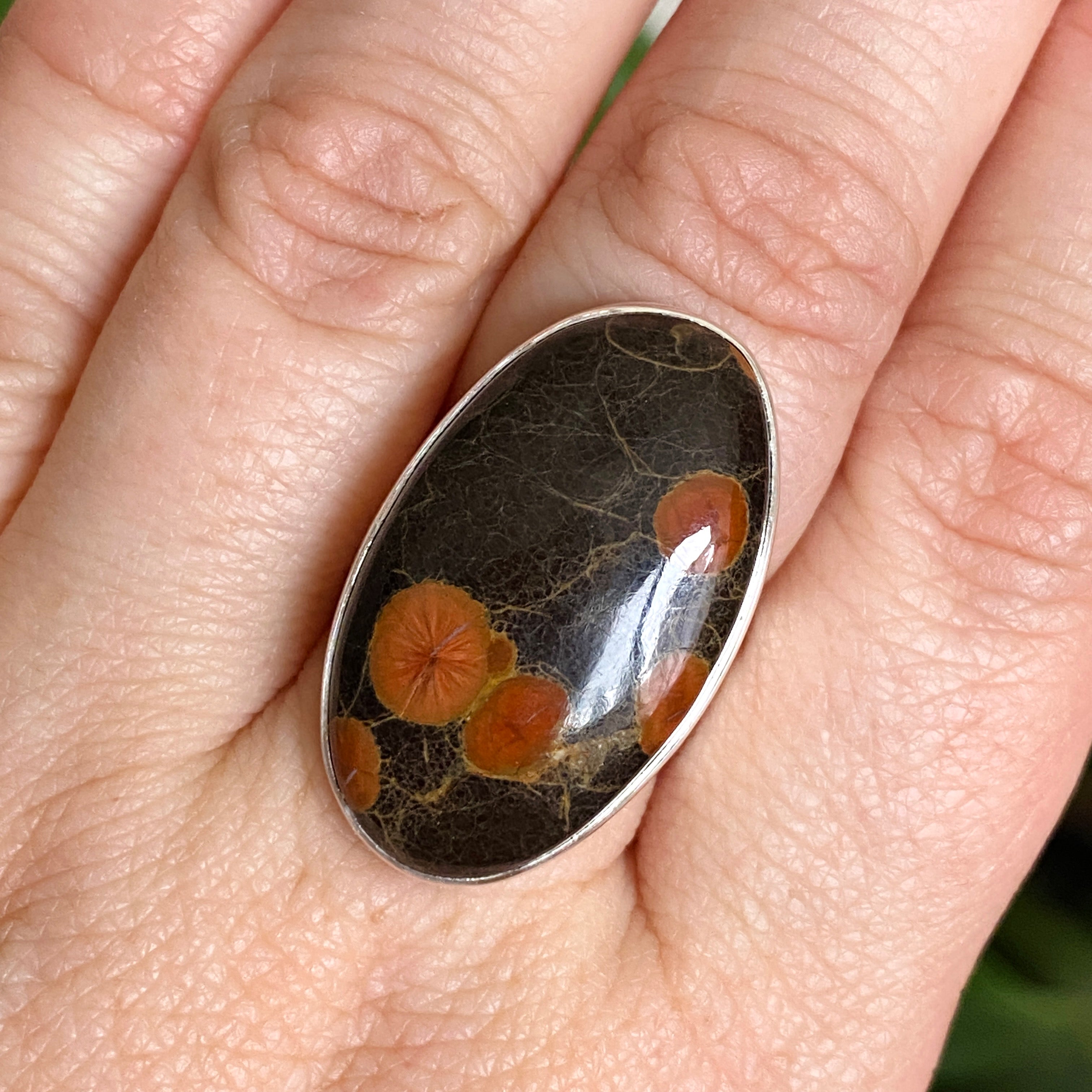 Natural Peanut Obsidian Perlite Oval Cabochon Ring - Size 8 - KRGJ3347 - Perfect for Boho Jewelry, Healing Crystals & Spiritual Gifts