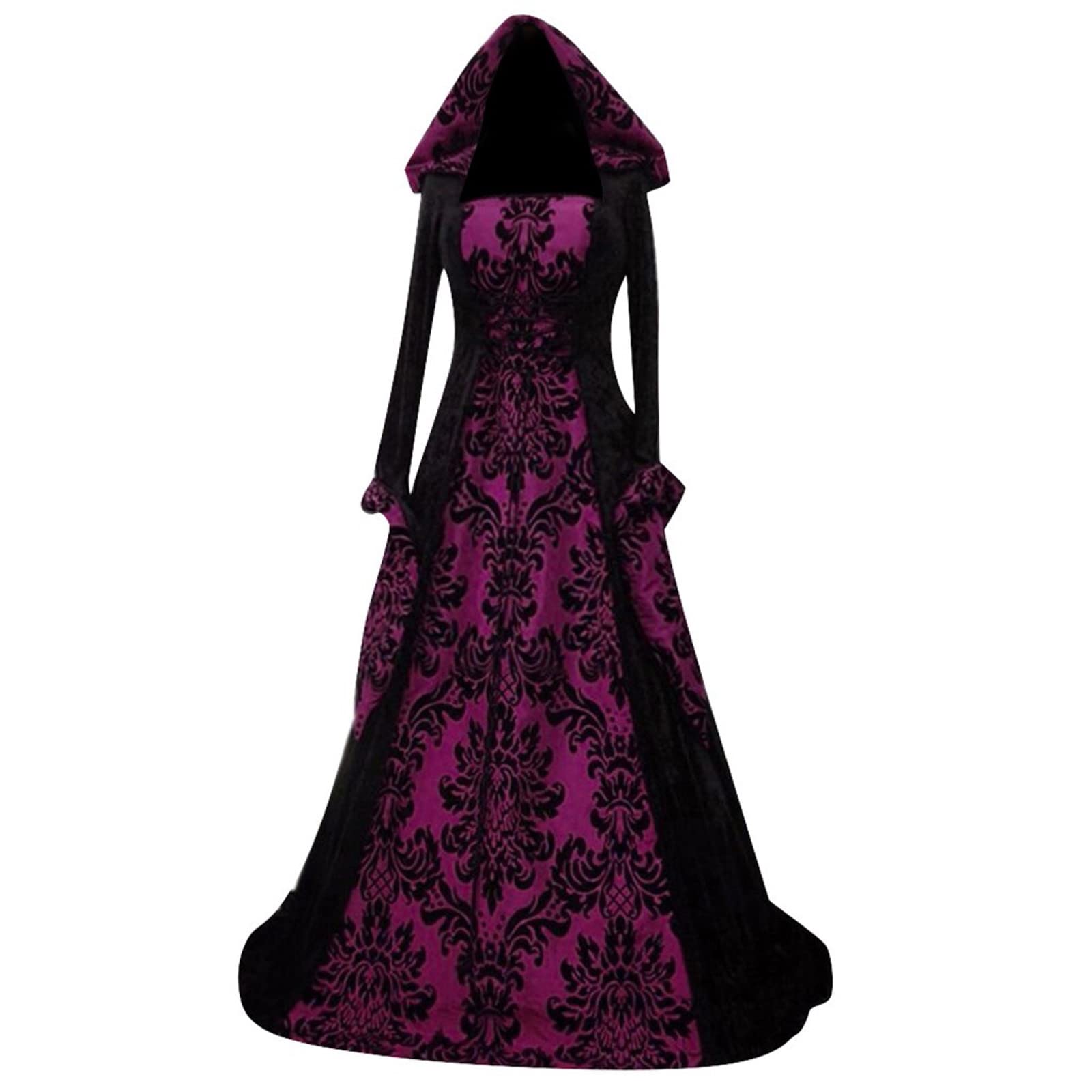 Vintage Gothic Long Sleeve Hooded Dress for Women - Retro Summer Maxi Gown with Hood | Perfect for Halloween, Cosplay, and Dark Aesthetic Outfits