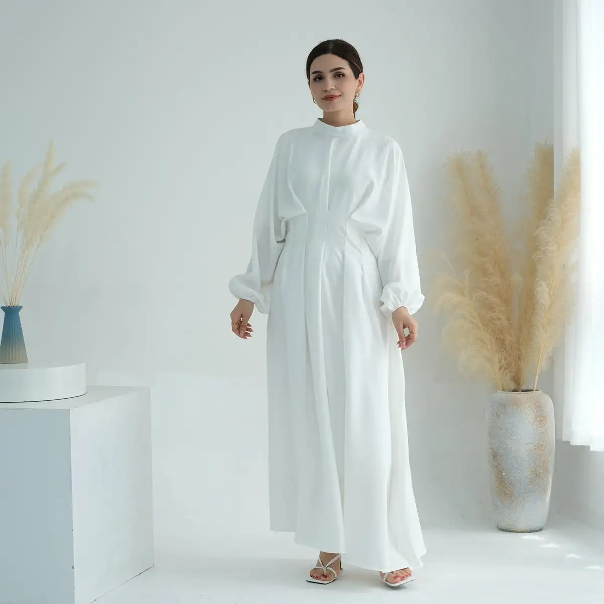 Modest Muslim Women's Elastic Sleeve Linen Abaya Dress - Comfortable Prayer Dress for Home & Mosque