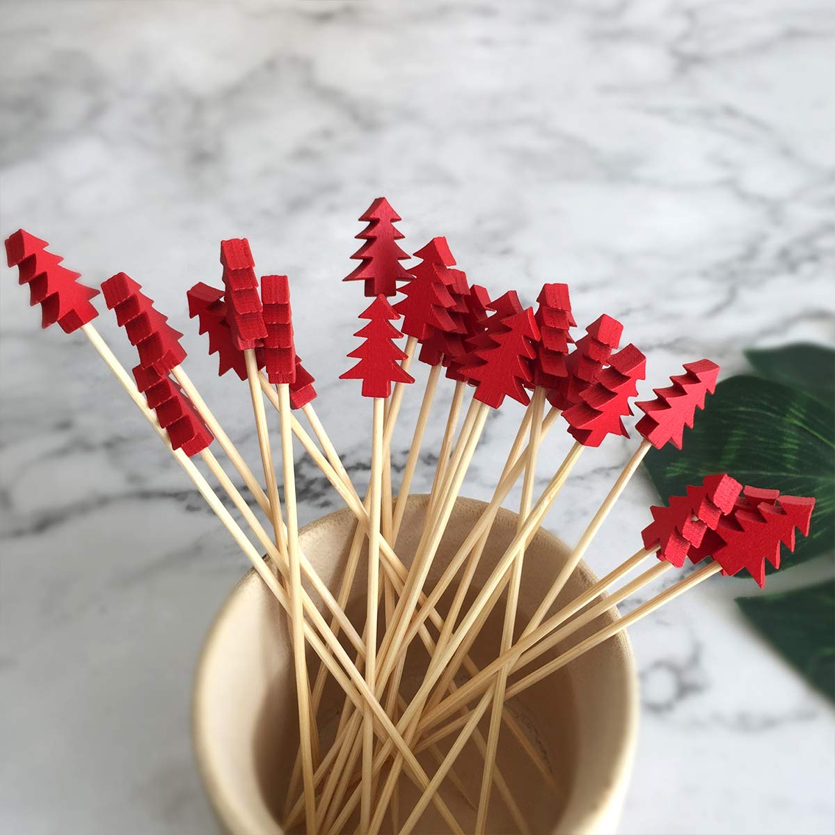 DOITOOL 100pcs Bamboo Cocktail Picks - Christmas Tree Shaped Bar Accessories, Reusable Fruit Skewers & Toothpicks for Holiday Parties, Cocktail Garnish & Appetizer Serving