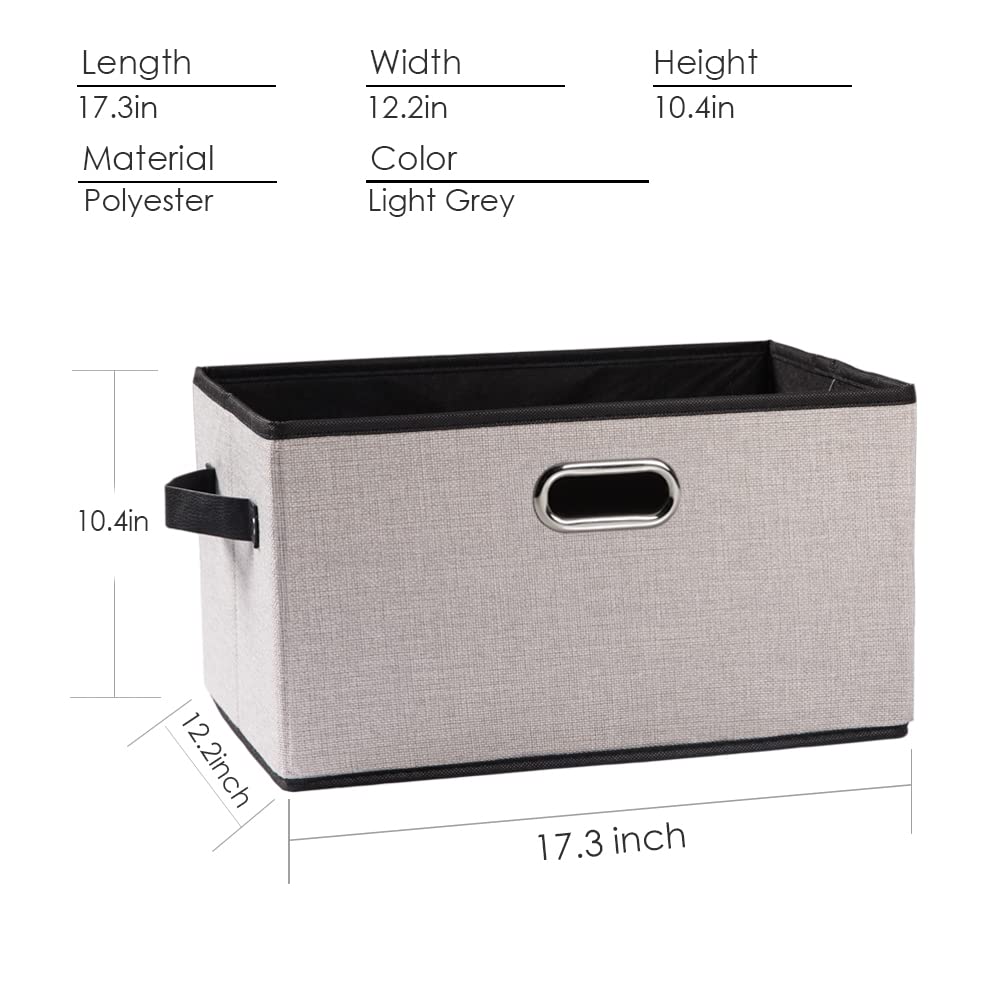 PRANDOM Large Collapsible Storage Bins [3-Pack] - Linen Fabric Storage Baskets with Leather/Metal Handles for Closet, Living Room, Bedroom - Light Grey (17.3x12.2x10.4 Inch) - Perfect for Organizing Toys, Blankets & Home Decor
