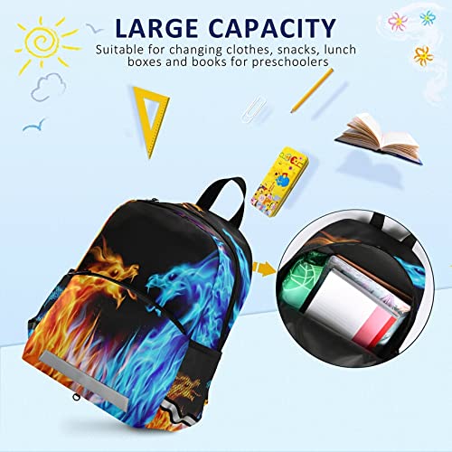 Fiery Dragons Toddler Backpack with Safety Leash - Blue & Red Kids School Bag for Boys & Girls | Preschool, Kindergarten, Travel & Nursery Essentials with Reflective Stripes & Chest Clip