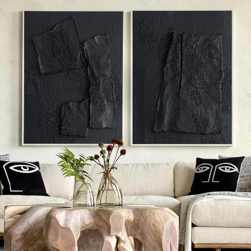 Minimalist Black Plaster Art Textured Paintings - Set of 2 Modern Abstract Wall Decor #MZ026 - Perfect for Living Room, Bedroom & Office Decor