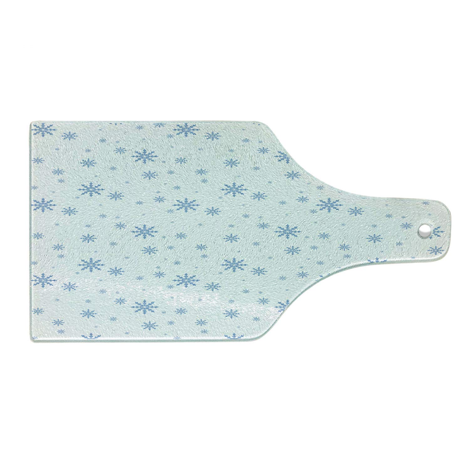 Ambesonne Winter Themed Wine Bottle Shaped Glass Cutting Board - Snowy December Design with Frost & Ice Icons - Blue & White Tempered Glass Serving Board for Cheese, Charcuterie & Holiday Entertaining