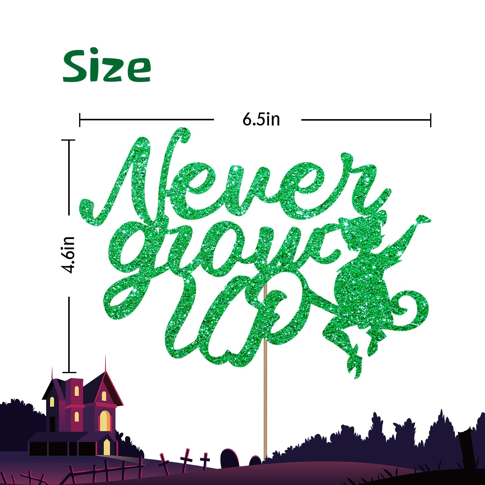 Never Grow Up Cake Topper - Peter Pan Neverland Birthday Cake Decorations for Baby Showers & Kids Parties | Green Glitter Cake Topper for Baby Boy Birthday, Nursery Decor & Themed Celebrations