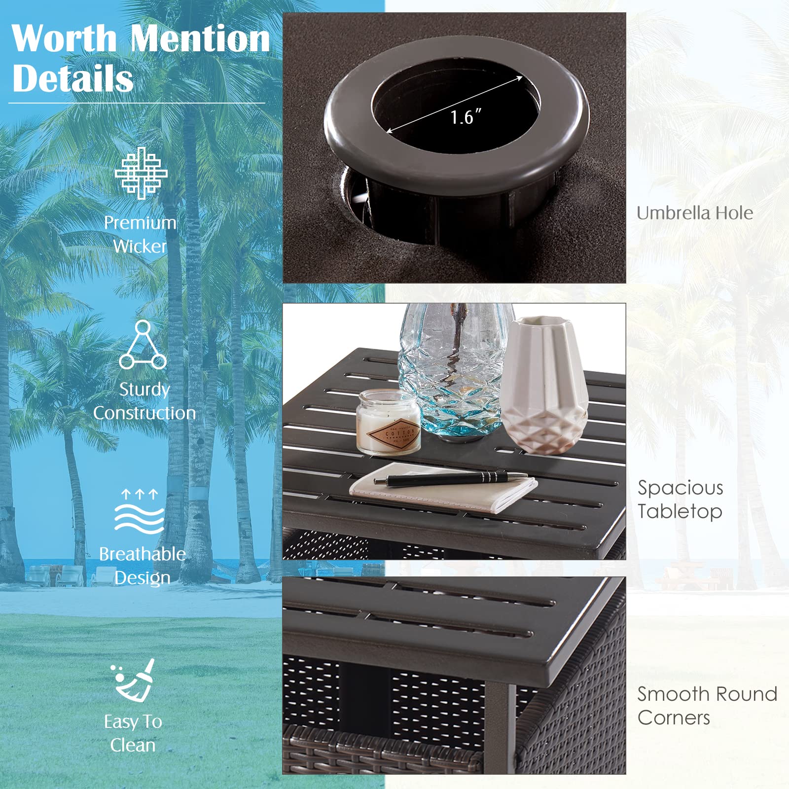 Casart Outdoor Side Table with Umbrella Hole - Square Wicker PE Rattan Coffee Table with Metal Tabletop - Patio End Table for Garden, Backyard, Poolside & Deck - Perfect for Outdoor Dining, Lounging & Entertaining