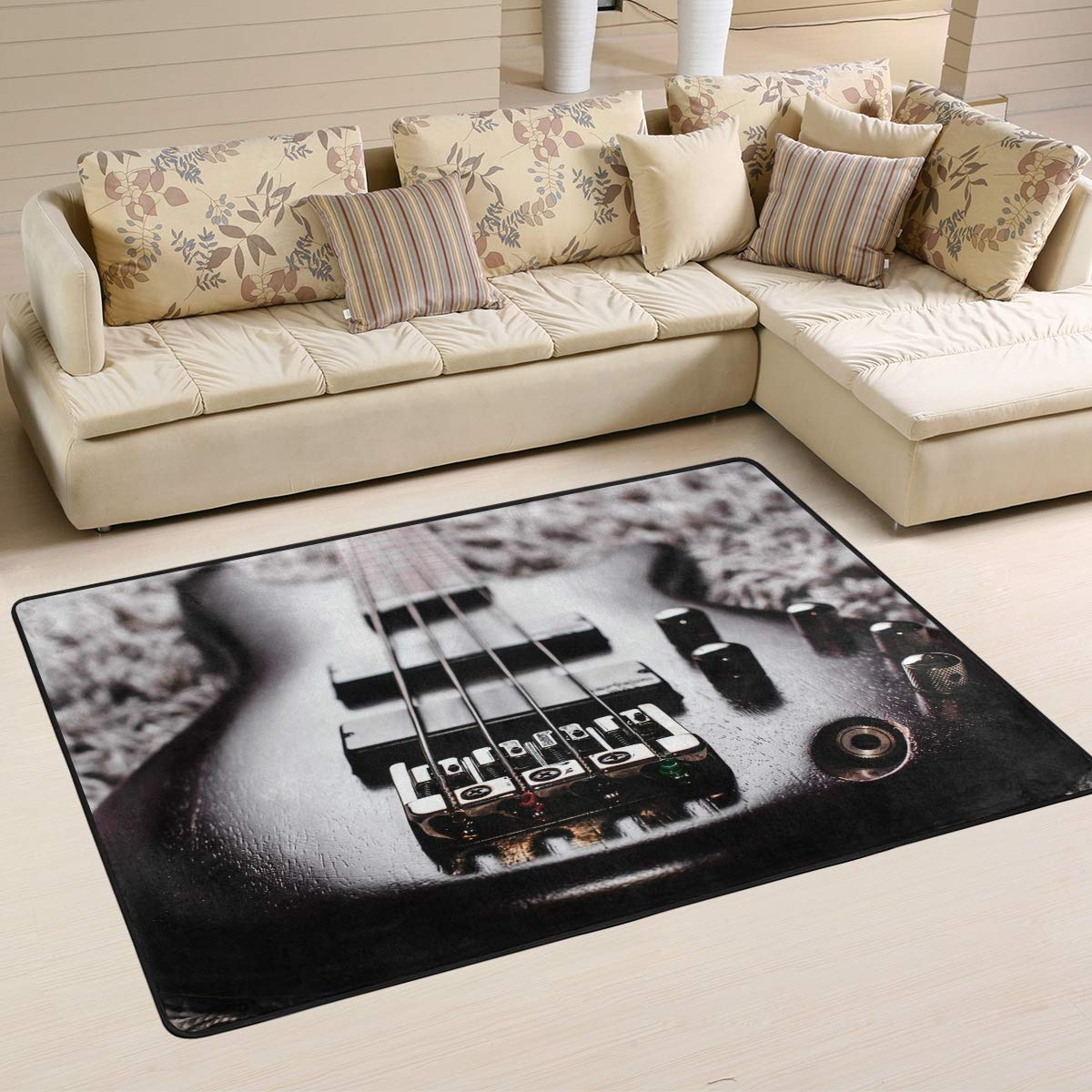 ALAZA Music Bass Electric Guitar Vintage Area Rug – 6'x4' Non-Slip Floor Mat for Living Room, Bedroom, Music Studio & Man Cave Decor