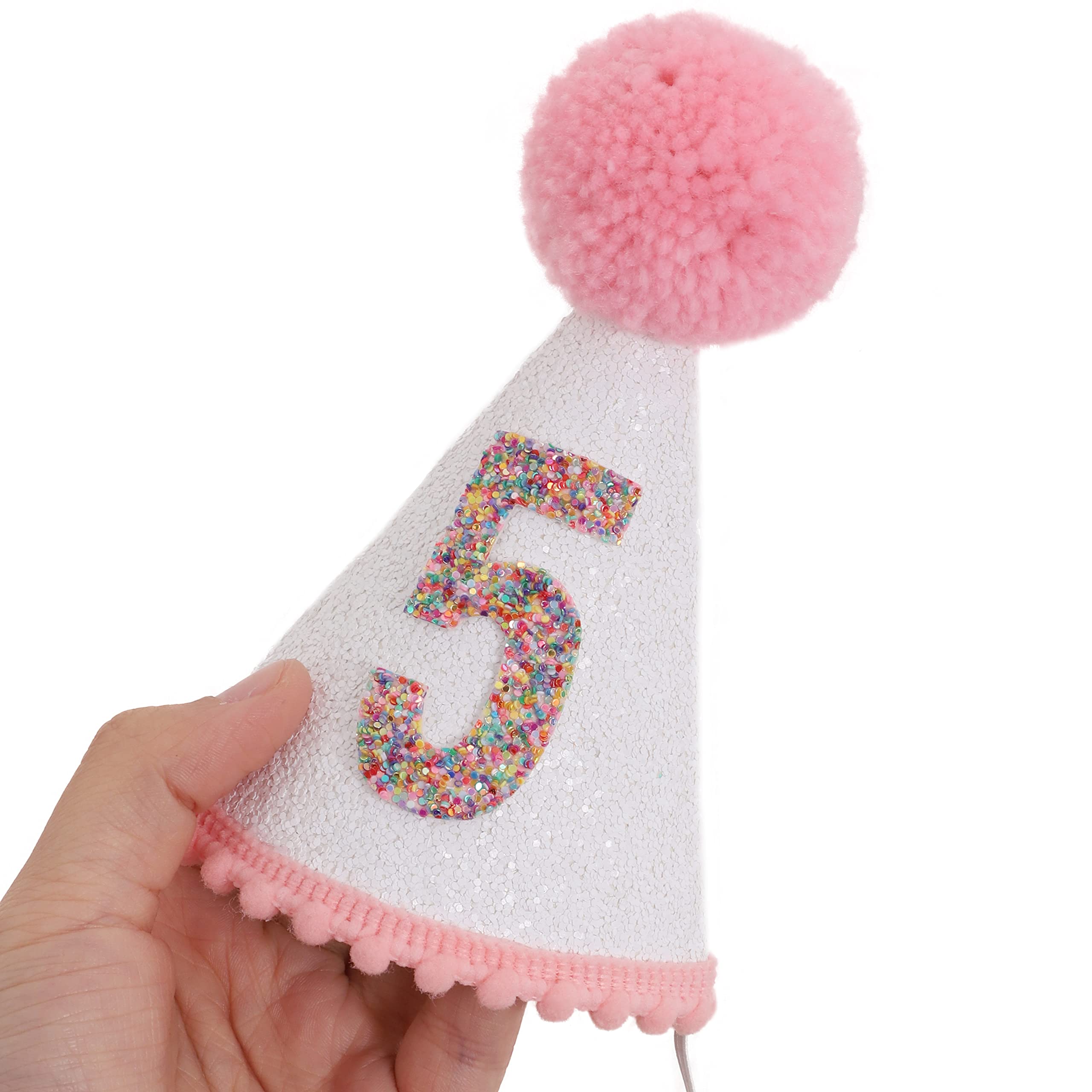 Sparkly Pink Glitter Birthday Hat with Pom Topper for Girls - Cute Party Accessories for Birthday Celebrations, Photo Booths & Princess Themed Events