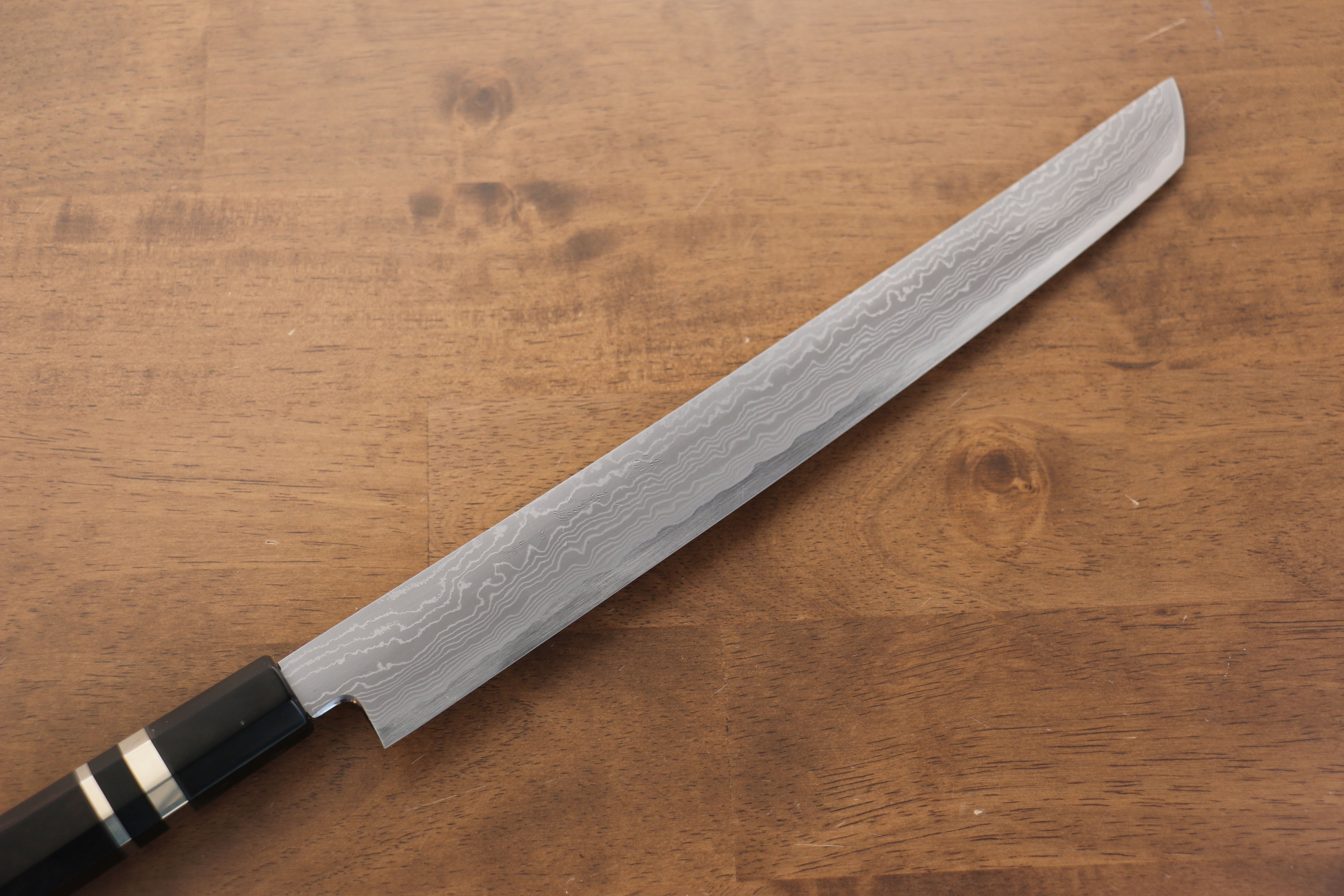 Premium Jikko Blue Steel Damascus Sakimaru Sujihiki Knife 300mm - Handcrafted Japanese Chef Knife with Ebony Wood Handle & Double Ring Design - Perfect for Slicing Sashimi, Meat, and Precision Cutting in Professional Kitchens