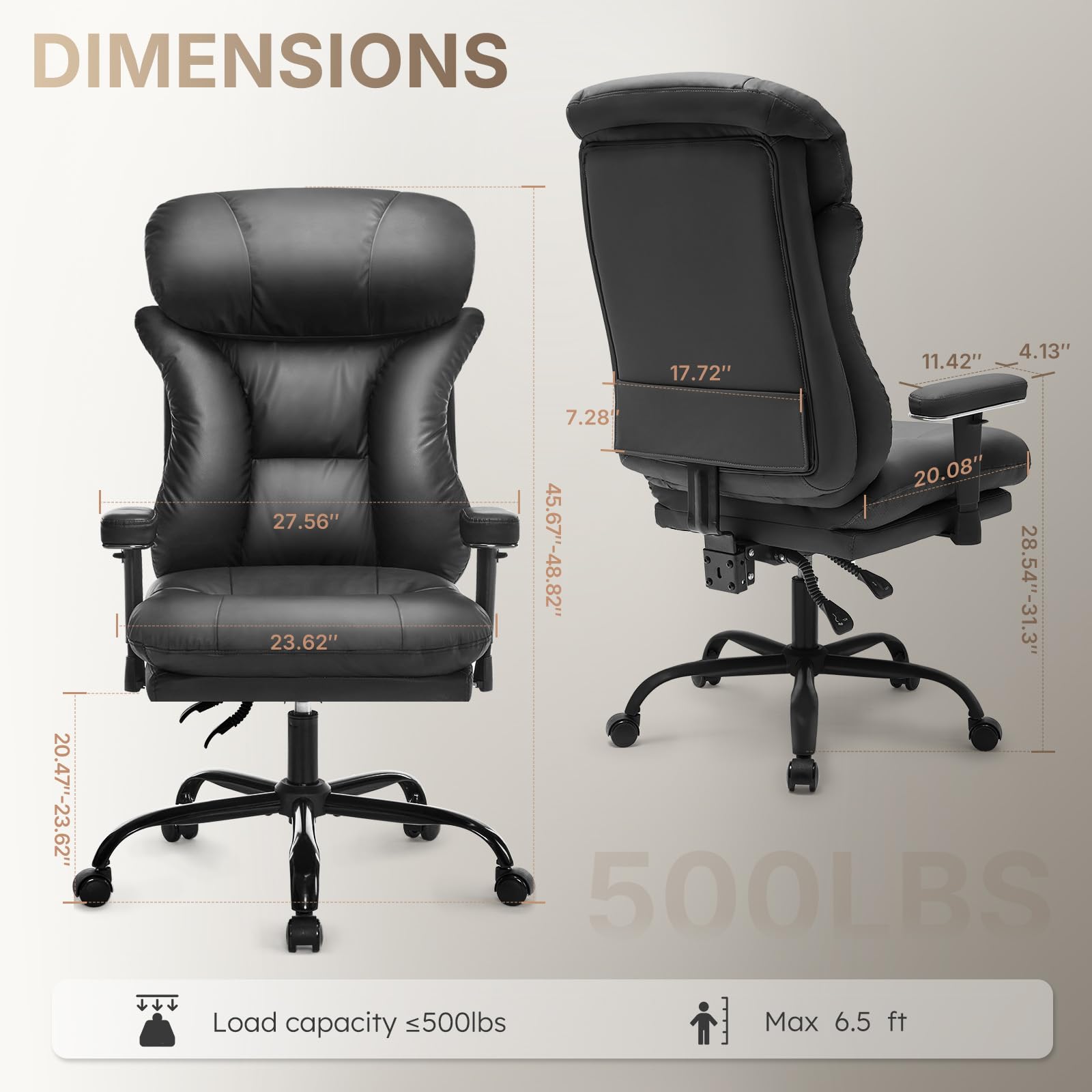 Premium Ergonomic Office Chair for Big & Tall - 500lbs Weight Capacity, Adjustable Height & Tilt Lock, Padded Armrests - Executive Desk Chair for Home Office, Gaming & Workspace Comfort