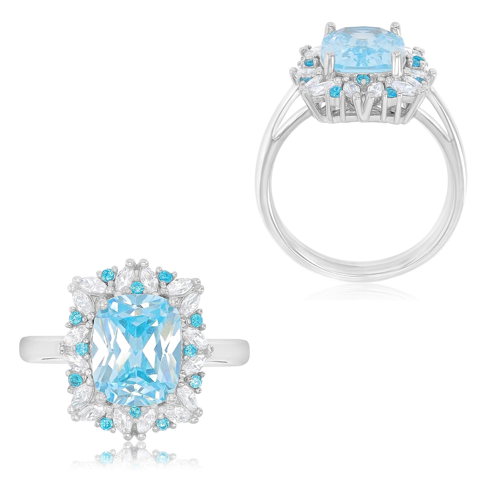 10x8mm Sky Blue Radiant Cut Sterling Silver Rhodium Plated Fashion Ring with Marquise & Round Frame - Perfect for Weddings, Anniversaries & Special Occasions