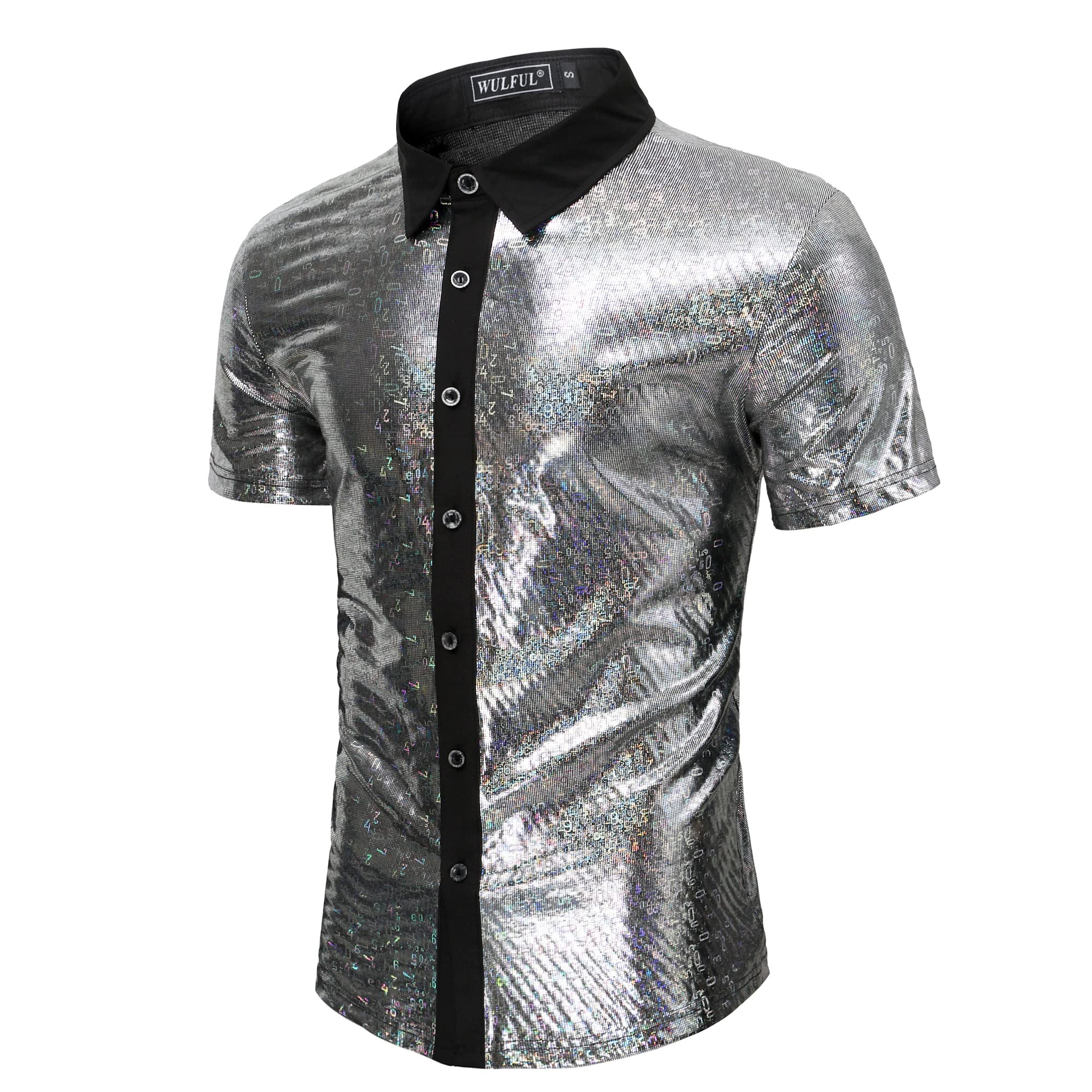 WULFUL Men's Disco Shirt with Sequins - 70s Style Short Sleeve Button Down Party Shirt for Costume, Club Wear & Retro Themed Events