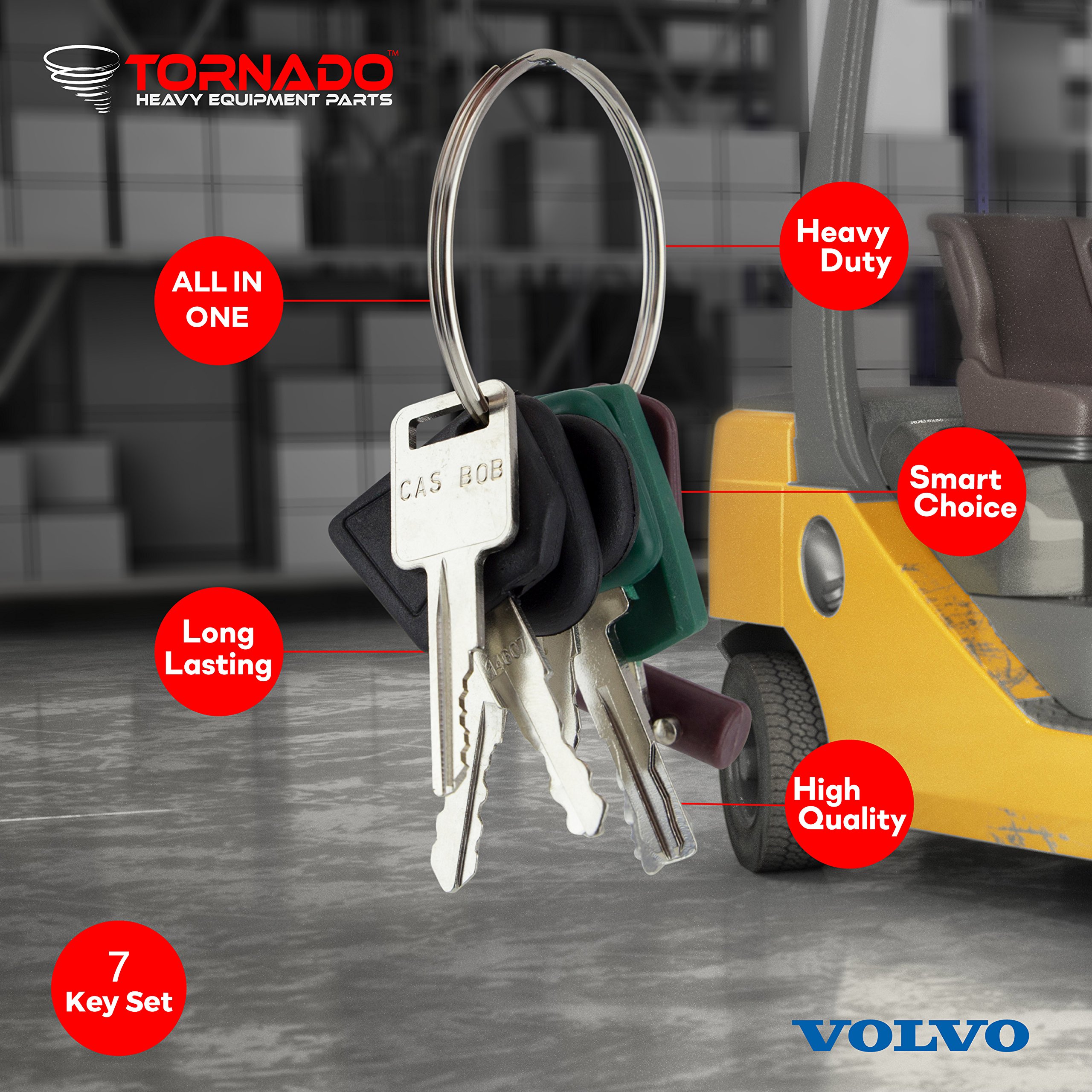 TORNADO HEAVY EQUIPMENT PARTS - Construction Machinery Key Set with Ignition Key Ring (7 Keys) - Compatible with Volvo & Other Heavy Equipment - Durable Keys for Men & Women - Perfect for Construction Sites, Farms & Industrial Work