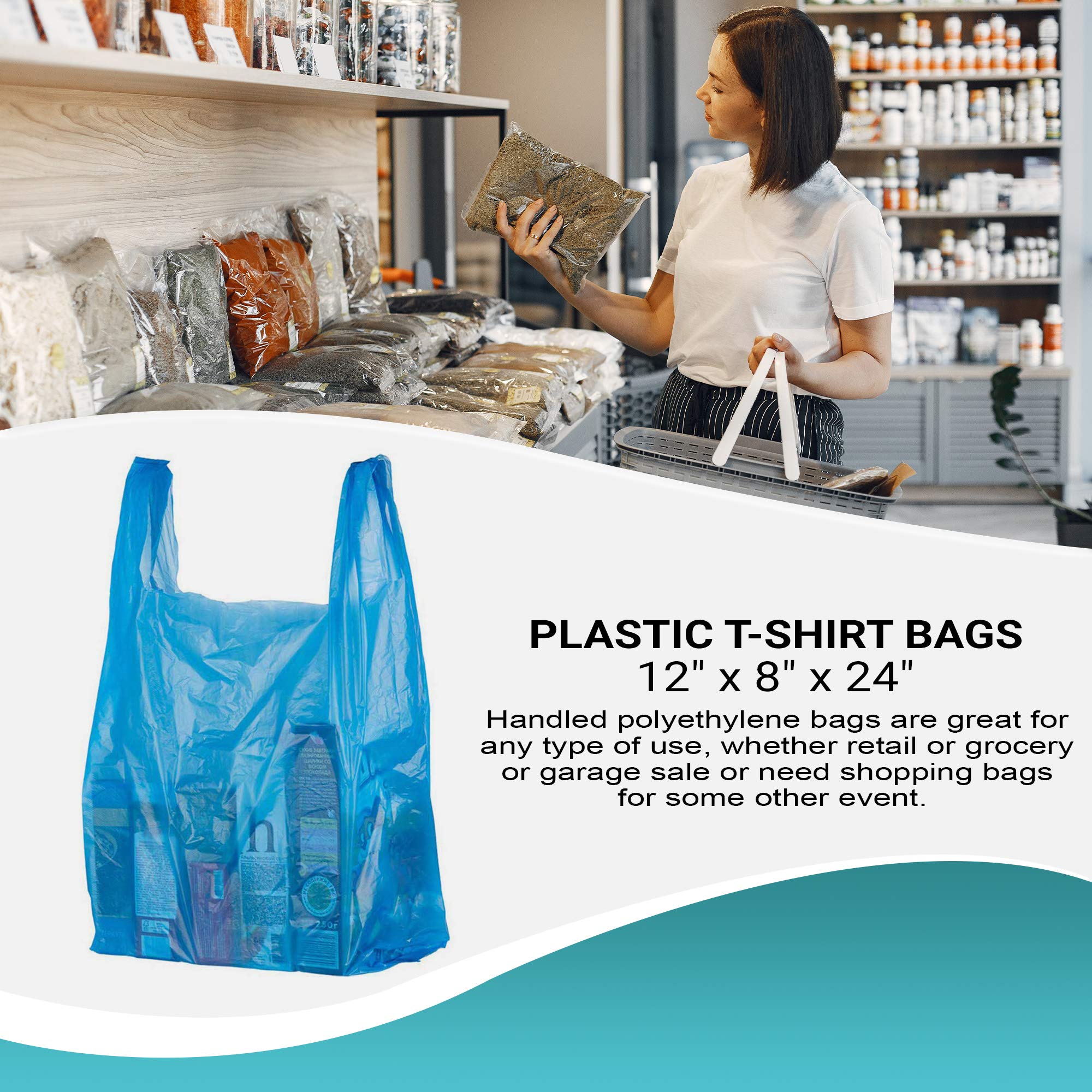 APQ 1000 Pack Blue T-Shirt Bags 12x8x24 - Ultra Thin 0.65mil Polyethylene Grocery Bags with Handles for Retail Stores & Restaurants | Perfect for Shopping, Takeout, and Convenient Carry-Out