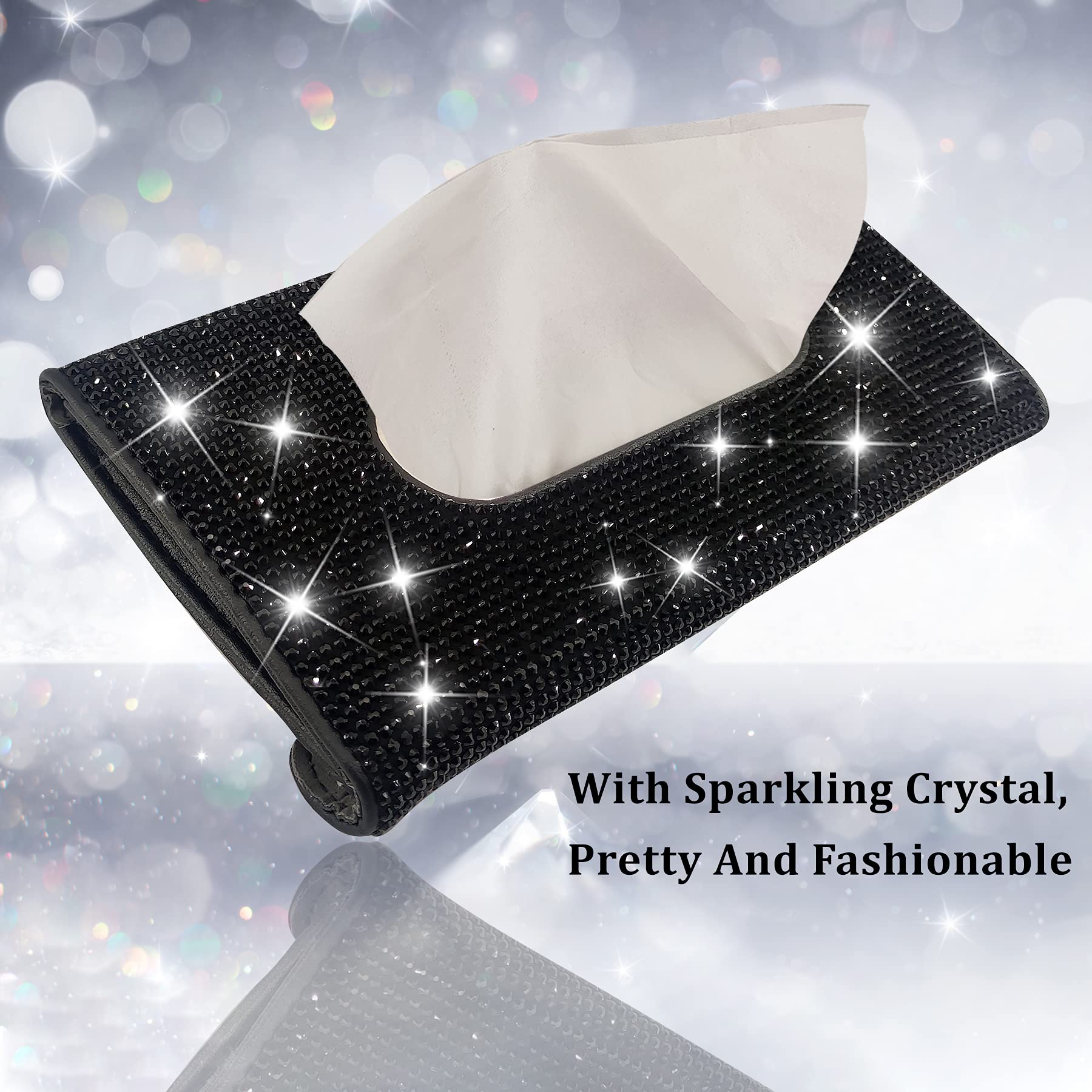 Sparkly Crystal PU Leather Car Sun Visor Tissue Box Holder - Bling Car Accessories for Women | Hanging Napkin Case for Tesla, BMW, Mercedes | Perfect for Road Trips & Daily Commute (Black)