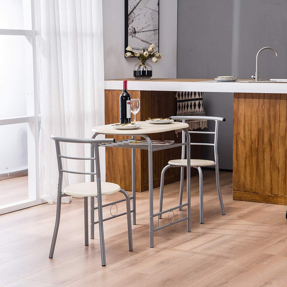 3-Piece PVC Bistro Dining Table Set with Wooden Chairs - Natural Breakfast Nook, Kitchen Island & Small Space Solution for Home, Cafe or Outdoor Patio