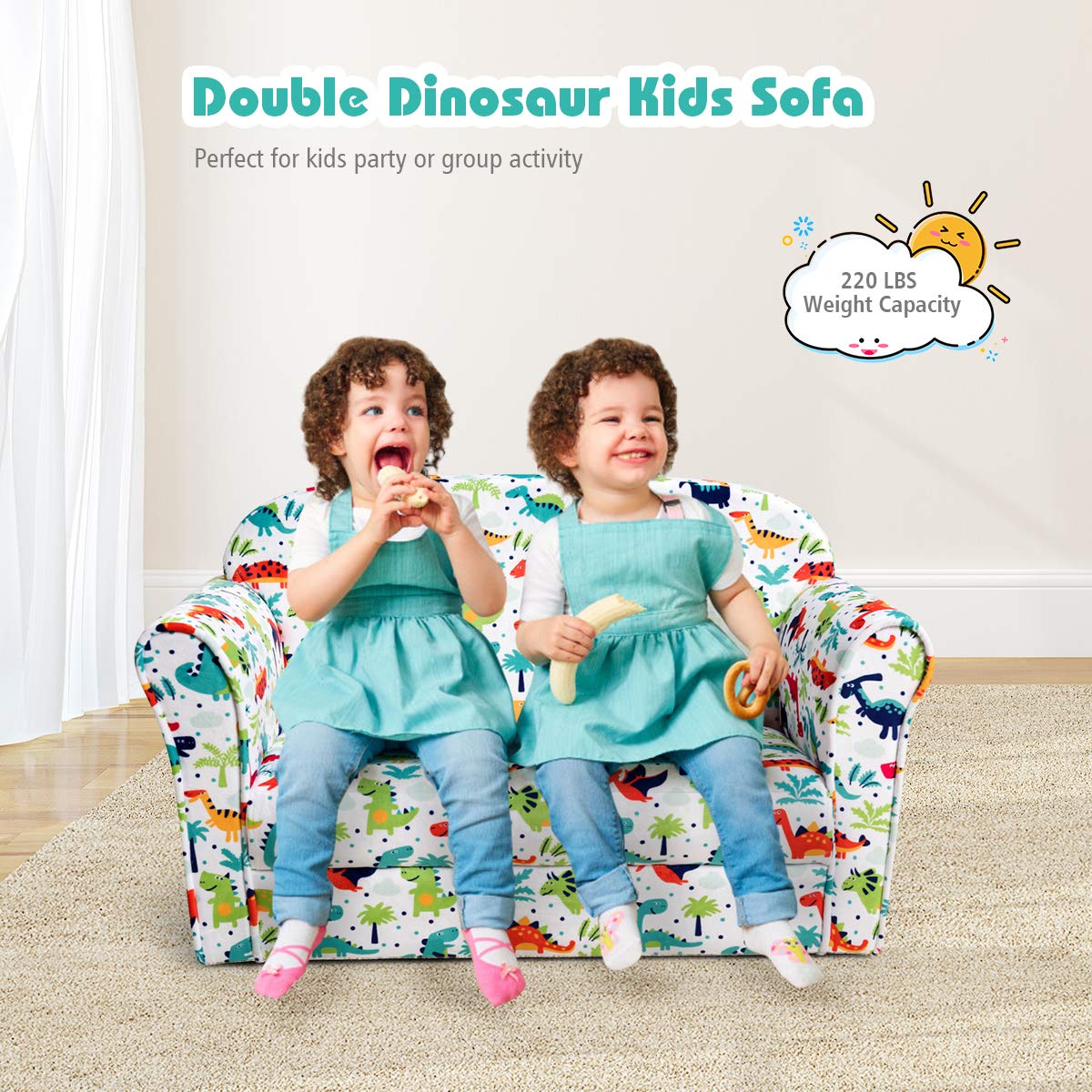 Costzon Kids Couch - Double Seat Children's Sofa with Dinosaur Pattern, Soft & Comfortable Toddler Armchair with Back Support, Easy to Move, Perfect for Bedroom & Living Room - Ideal Gift for Preschool Boys & Girls (Great for Playtime, Reading Nook & Nap Time)