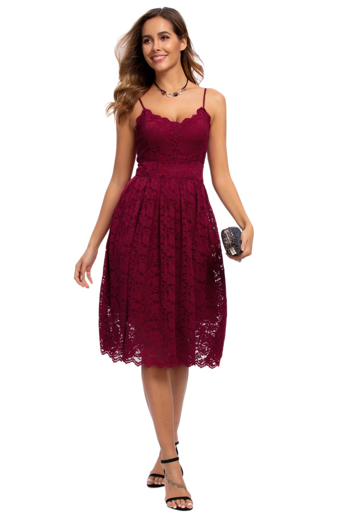 ATNLEWHI Women's Spaghetti Strap V-Neck Sleeveless A-Line Lace Dress - Elegant Formal Evening Gown for Cocktail Party, Wedding Guest & Special Occasions