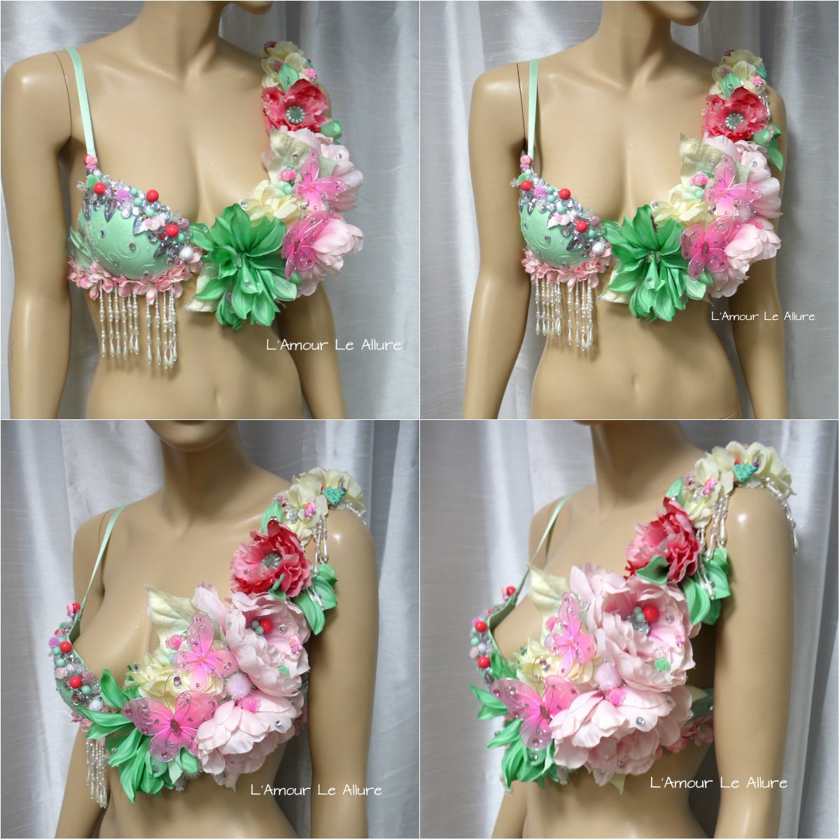 Pink Mint Candy Flower Fairy Fringe Rave Bra - Sexy Halloween Dance Costume for Women, Festival Outfit, Rave Wear, Bachelorette Party, Cosplay & Burlesque Performance
