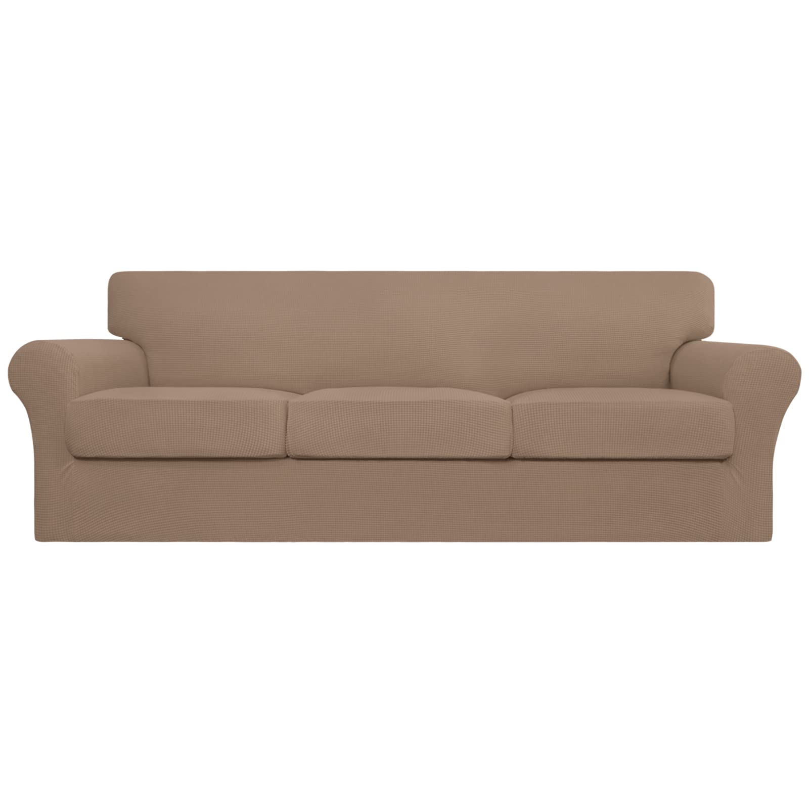 **Stretchable 4-Piece Sofa Cover for Pets & Kids – Washable Spandex Elastic Couch Protector for 3-Cushion Couches (Camel, Oversized) – Perfect for Pet Owners & Families with Active Kids**