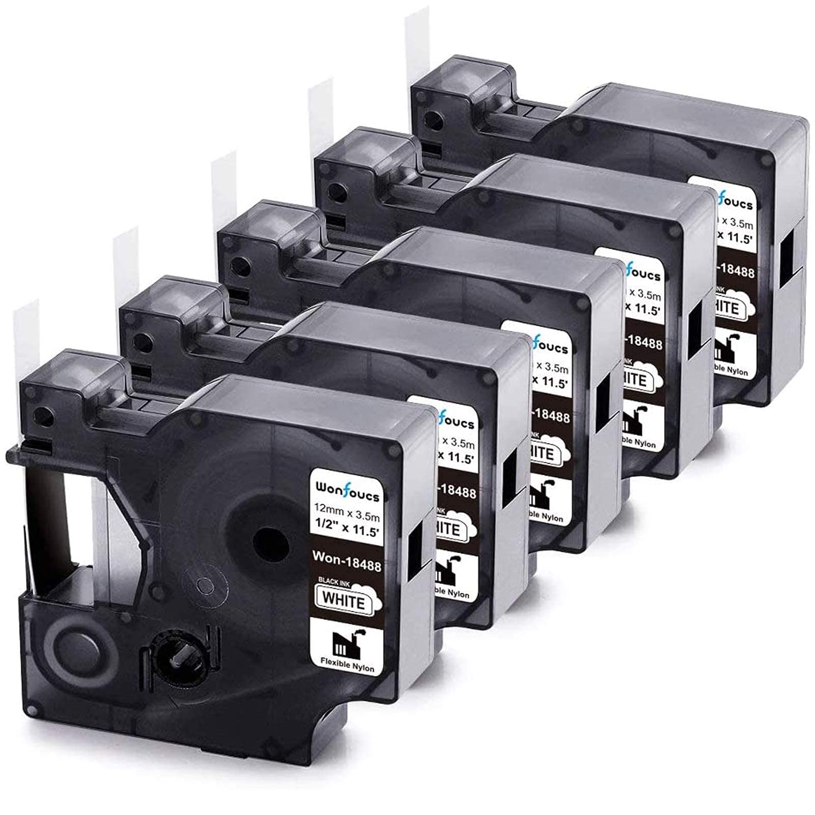 5 Pack 1/4'' Heat Shrink Tape & 5 Pack 1/2'' Flexible Nylon Tape - Compatible with Dymo Rhino Label Makers - Perfect for Cable Labeling, Wire Identification & Industrial Organization