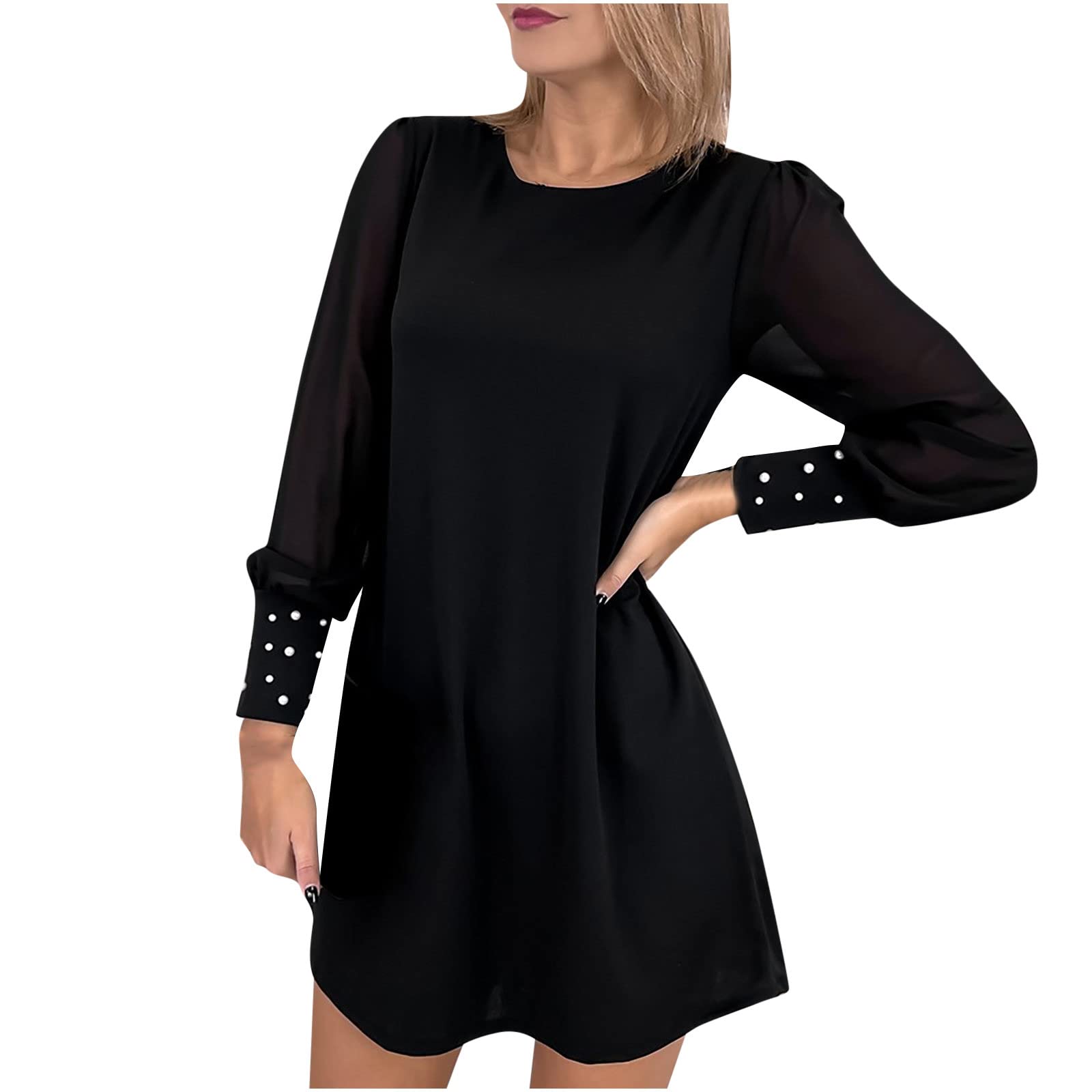 2022 Women's Summer Dresses - Solid Color See-Through Mesh Long Sleeve Round Neck Swing Sundress with Belt | Casual Midi T-Shirt Dress for Beach, Party & Daily Wear