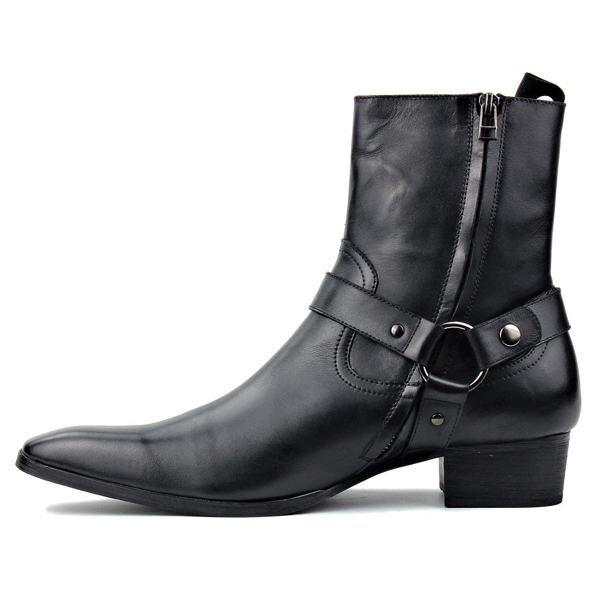 OSSTONE Men's Leather Chelsea Ankle Boots - Side Zipper Chukka Motorcycle Boots with Retro Heel - JY017-R - Perfect for Casual Wear, Motorcycle Riding & Dress Occasions