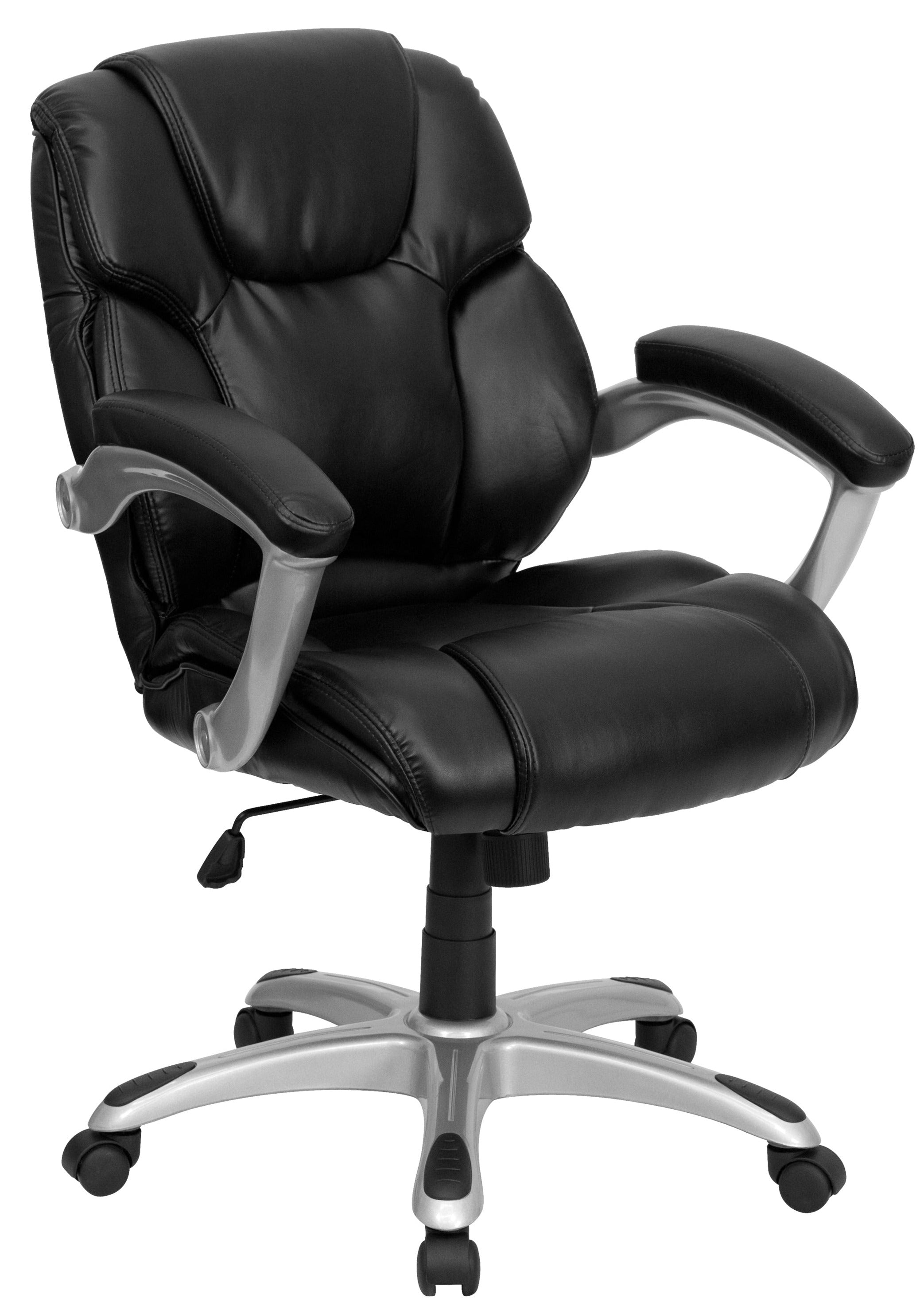 Premium Black LeatherSoft Executive Office Chair - Ergonomic Mid Back Swivel Chair with Silver Nylon Base & Adjustable Arms for Home & Business Workspaces