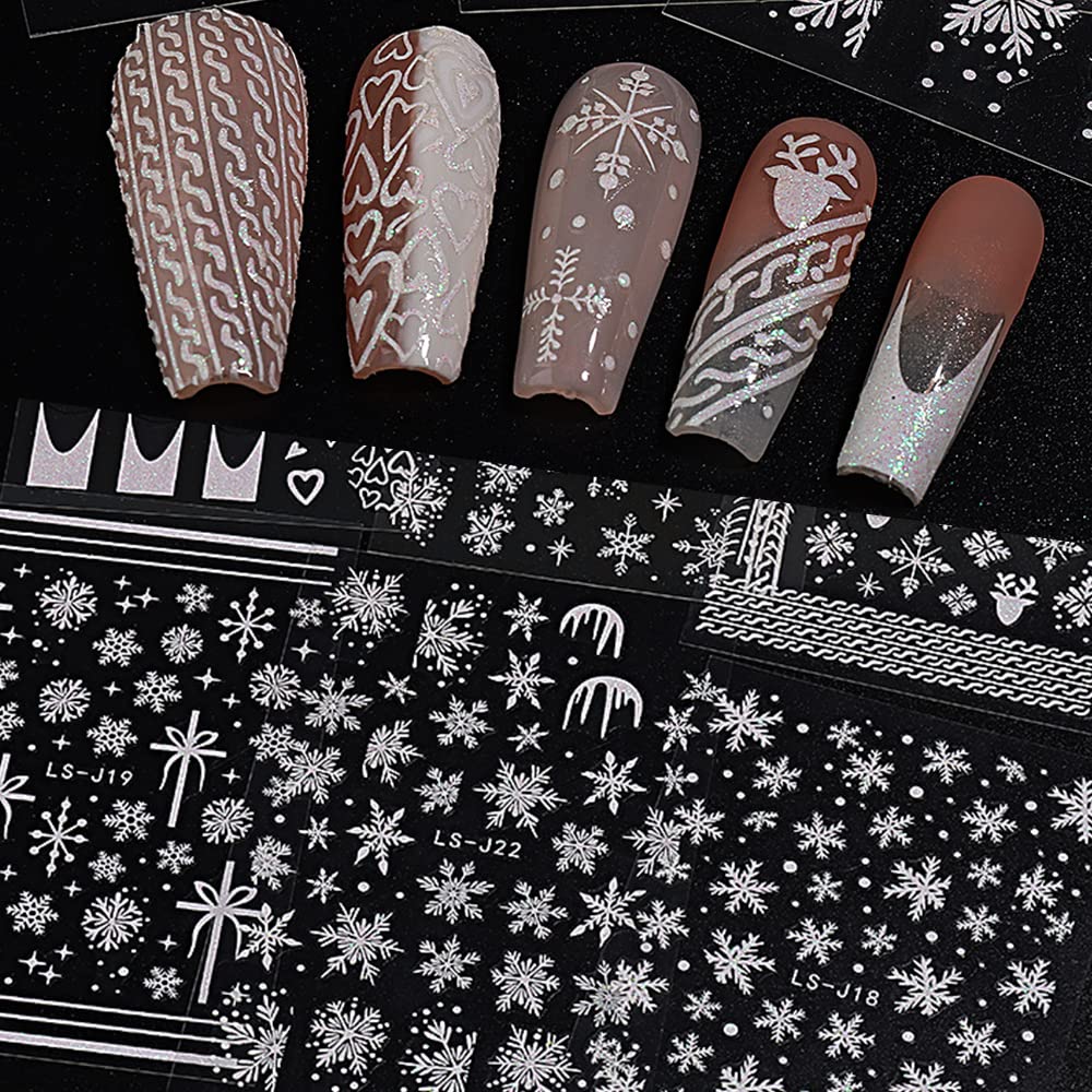 3D Snowflakes & Reindeer Christmas Nail Art Stickers - Winter Glitter Nail Decals for Women & Girls, Self-Adhesive DIY Nail Designs (4 Sheets) - Perfect for Holiday Parties, Gift Giving & Festive Nail Decorations