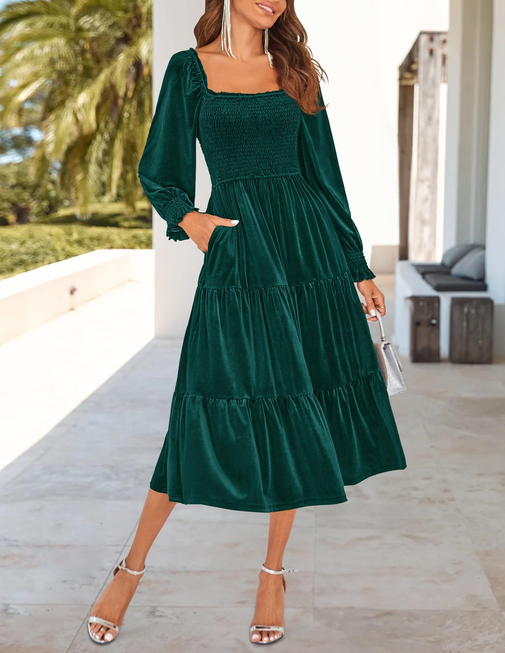 ZESICA Women's Velvet Long Sleeve Square Neck Smocked Ruffle A-Line Midi Dress with Pockets - Elegant Spring 2025 Flowy Dress for Parties, Weddings & Date Nights