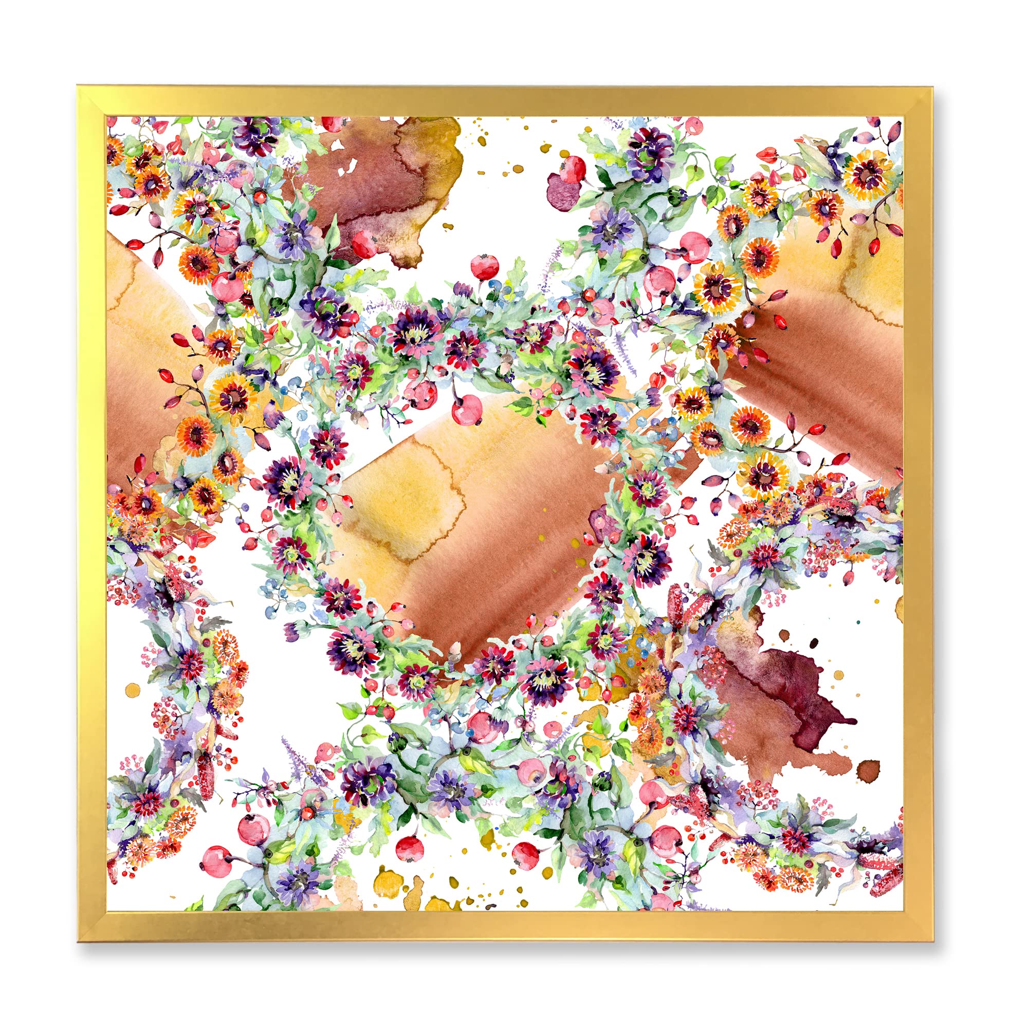 DesignQ Vibrant Wild Spring Leaves, Wildflowers & Berries Modern Framed Wall Art - Home & Office Decor, Living Room, Bedroom, Dining Room Wall Decor