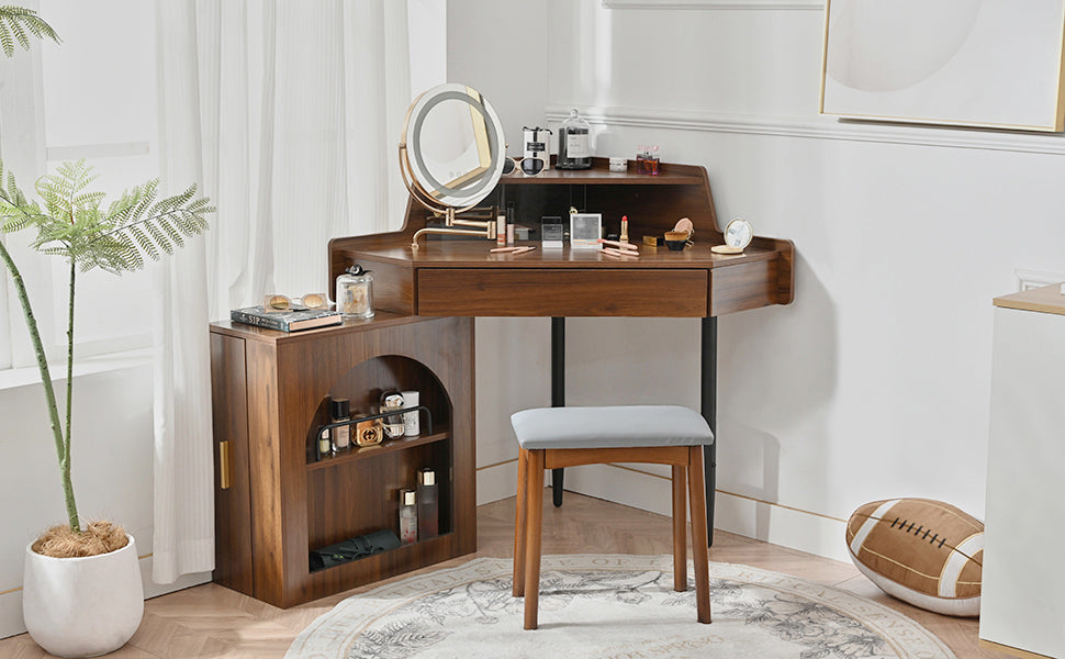 Modern Corner Makeup Vanity Desk with LED Lights & Adjustable Mirror - Walnut Dressing Table Set with Stool & Large Storage for Small Spaces | Perfect for Bedroom, Apartment & Studio Makeup Organization