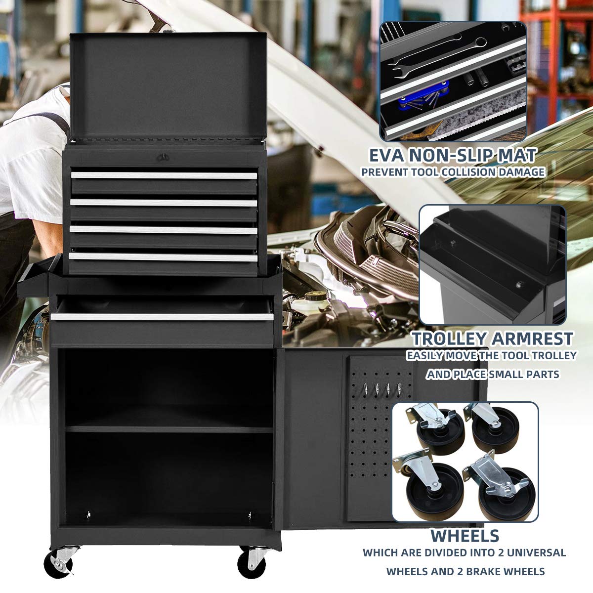 X&T Heavy Duty Composite Rolling Tool Box - 4-Wheel Lockable Storage Cabinet with 5 Detachable Drawers, High Capacity Steel Organizer for Garage, Workshop & Warehouse | Perfect for Automotive Tools, Hardware Storage & Industrial Organization (Black)