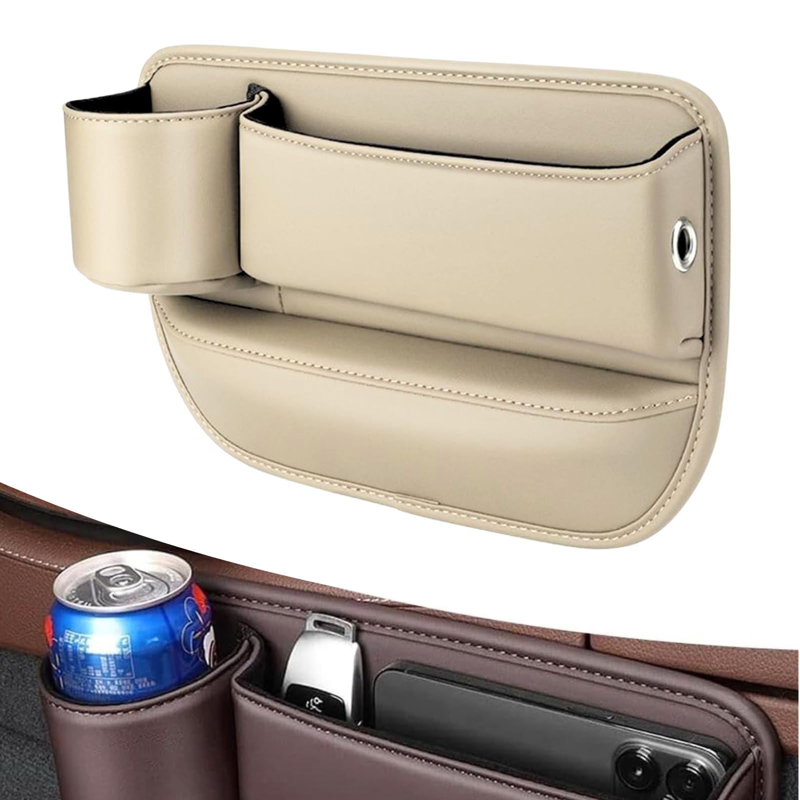 Premium Car Leather Cup Holder Gap Bag - Large Capacity Seat Gap Storage Box & Adjustable Seat Filler with Cup Holder - Beige (Left Side) - Perfect for Organizing Phones, Keys, Wallets & Snacks While Driving