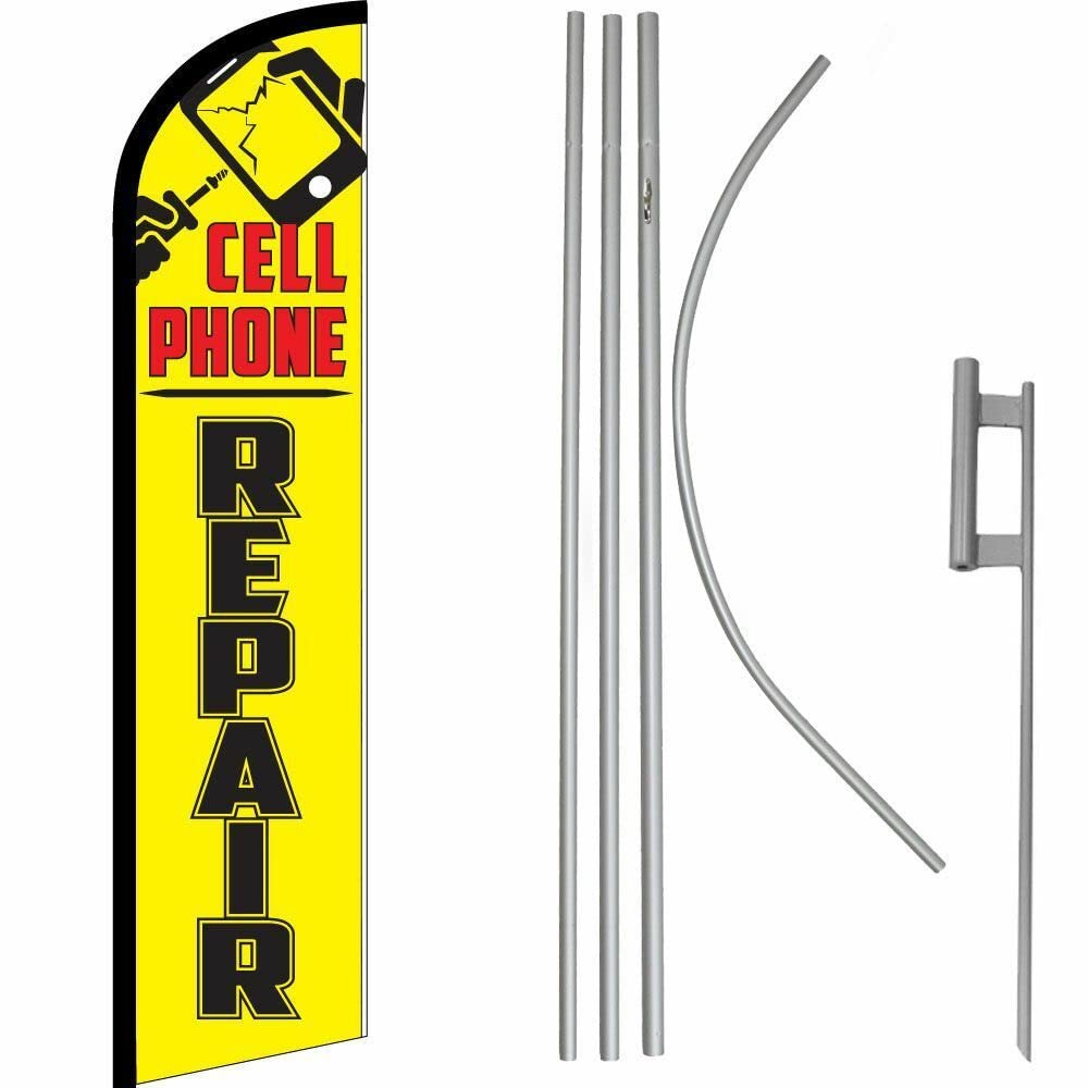16' Yellow & Black Windless Banner Flag Kit with Flagpole - Perfect for Cell Phone Repair Shops, Outdoor Advertising, and Business Signage
