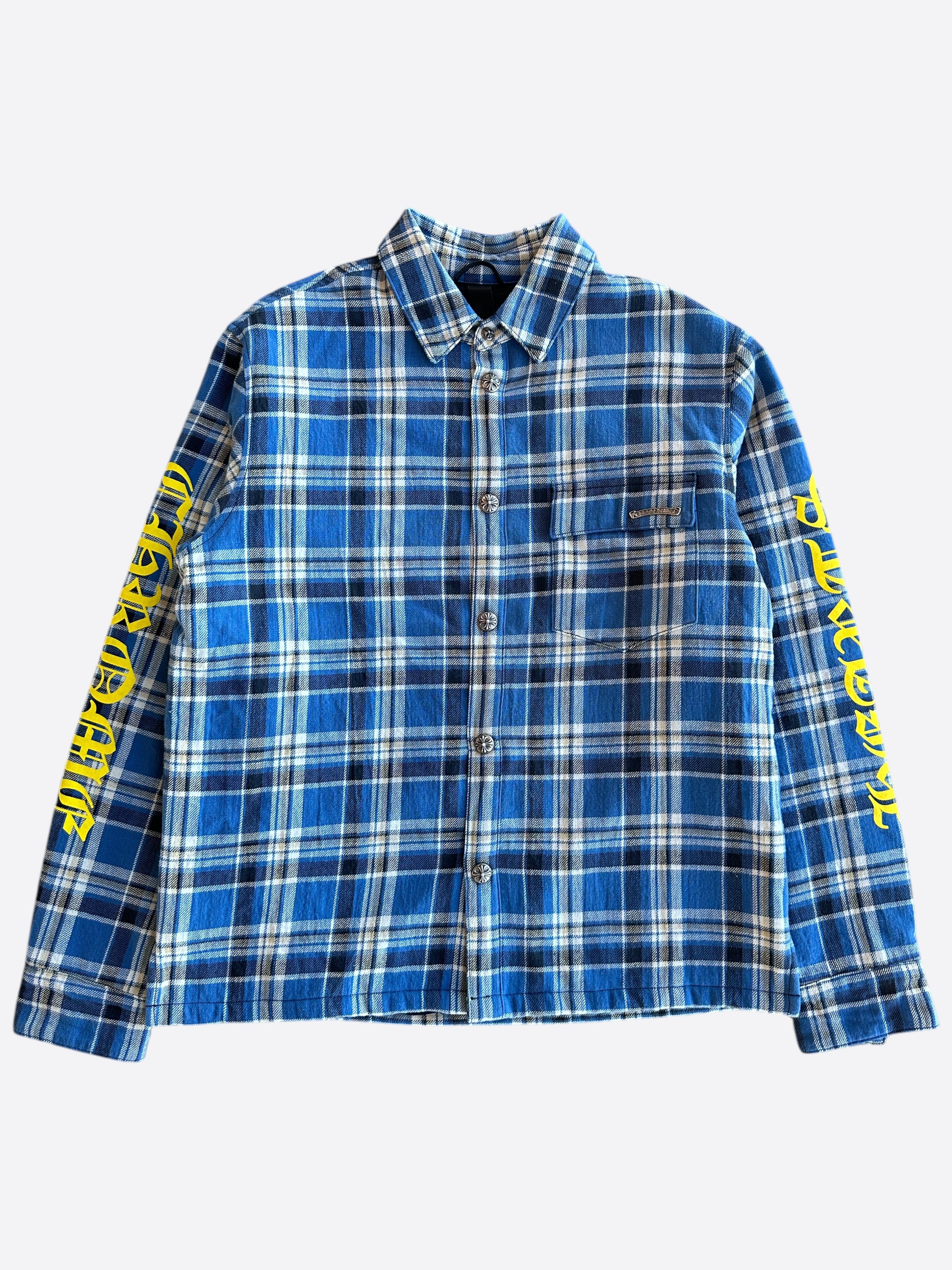 Chrome Hearts Blue & Yellow Script Padded Flannel Jacket for Men - Stylish Winter Outerwear for Casual Wear & Street Fashion