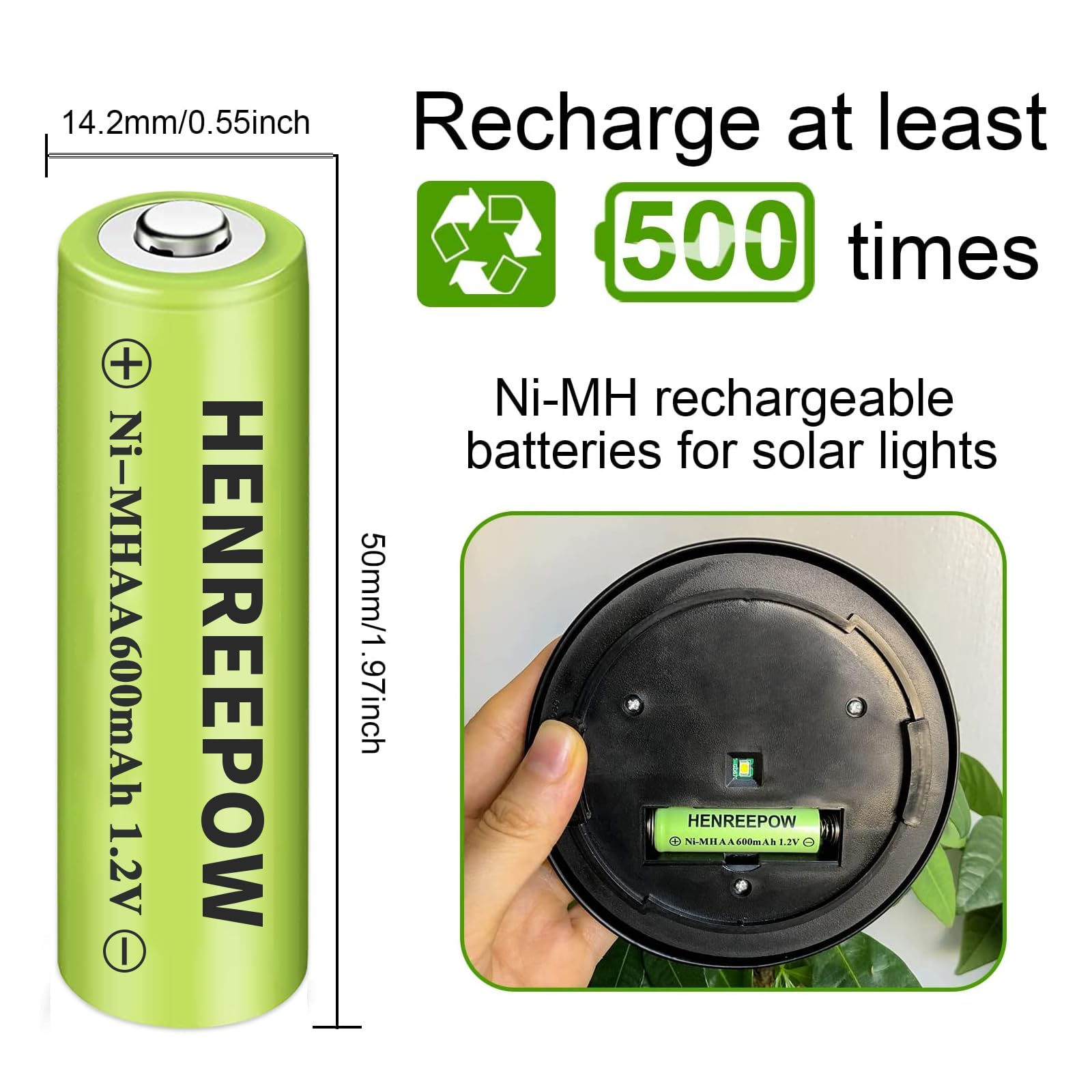 Henreepow Ni-MH AA Rechargeable Batteries 1.2V 600mAh - 12 Pack High Capacity Double A Batteries for Solar Lights, Outdoor Lighting, Garden Lights, String Lights & Pathway Lights - Pre-Charged & Eco-Friendly Power Solution