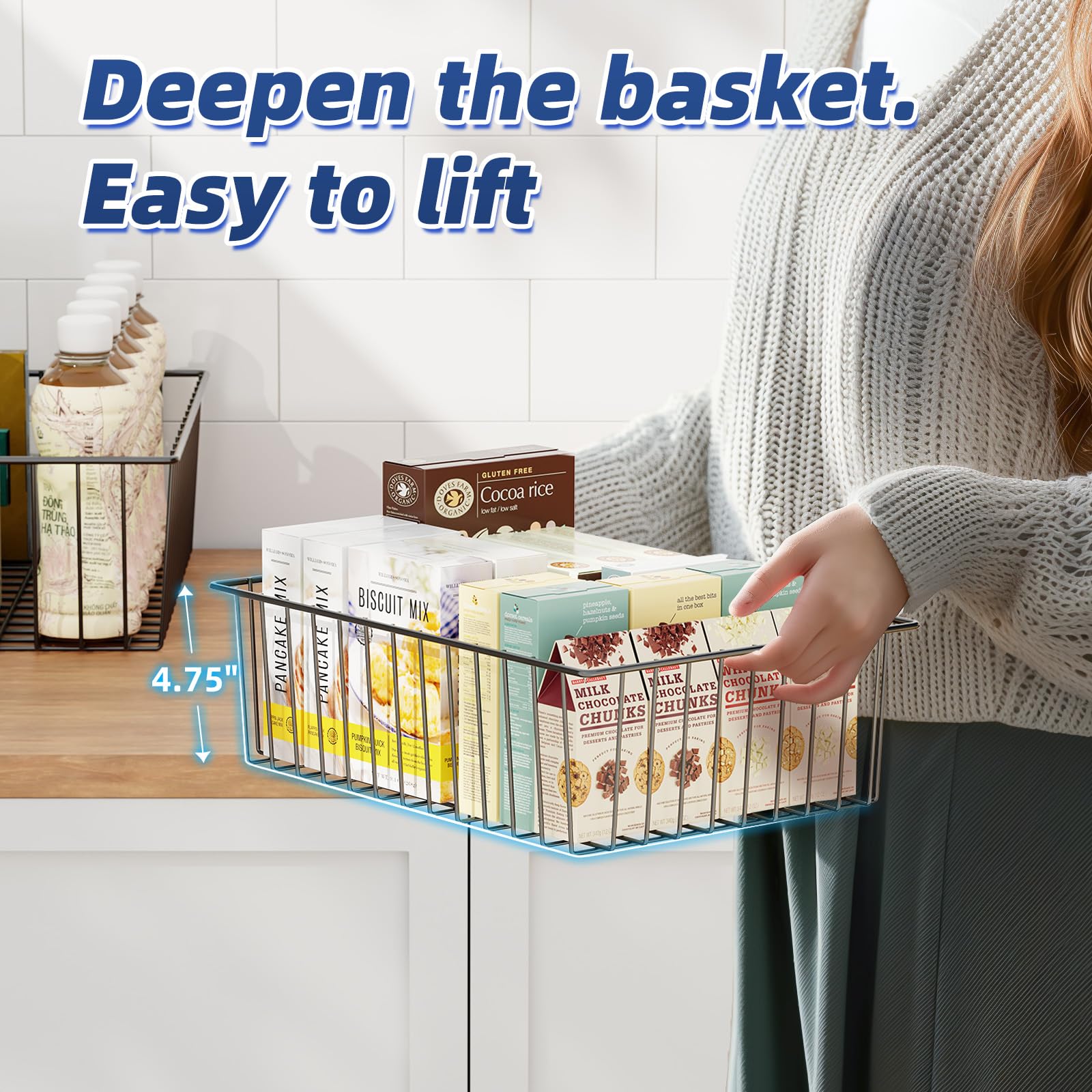 6 Pack Large Wire Baskets for Organization - Metal Pantry Storage Baskets for Cabinet, Kitchen, Garage & Bathroom - Black | Perfect for Home, Office & Retail Storage Solutions