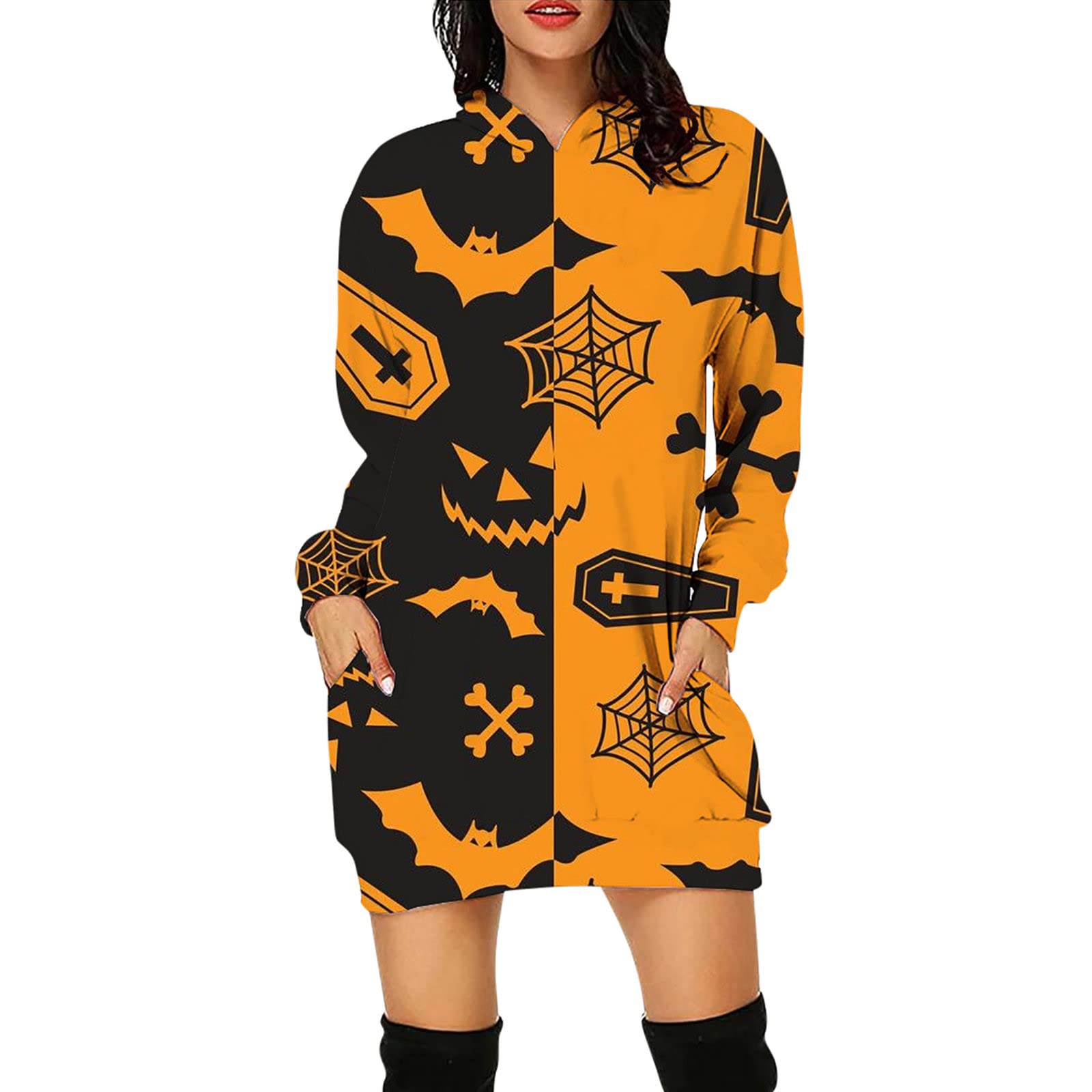 Kcocoo Women's Long Sleeve Hooded Pullover Dress with Pockets - Halloween Print Casual Tunic Sweatshirt for Women | Perfect for Fall Outfits, Halloween Costumes & Cozy Loungewear
