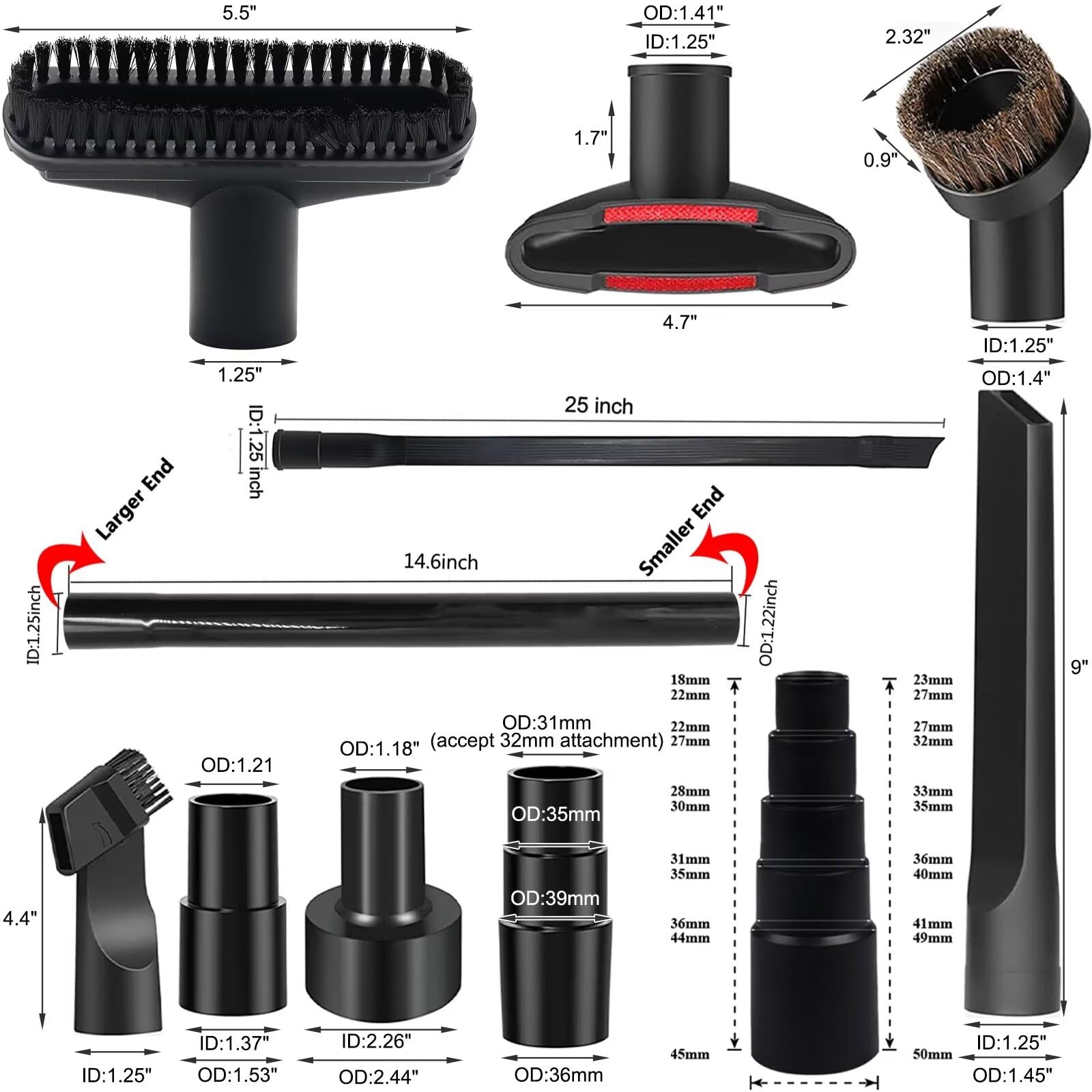 15-Piece Universal Vacuum Cleaner Attachment Kit with Brushes & Hose Adapters (2.5