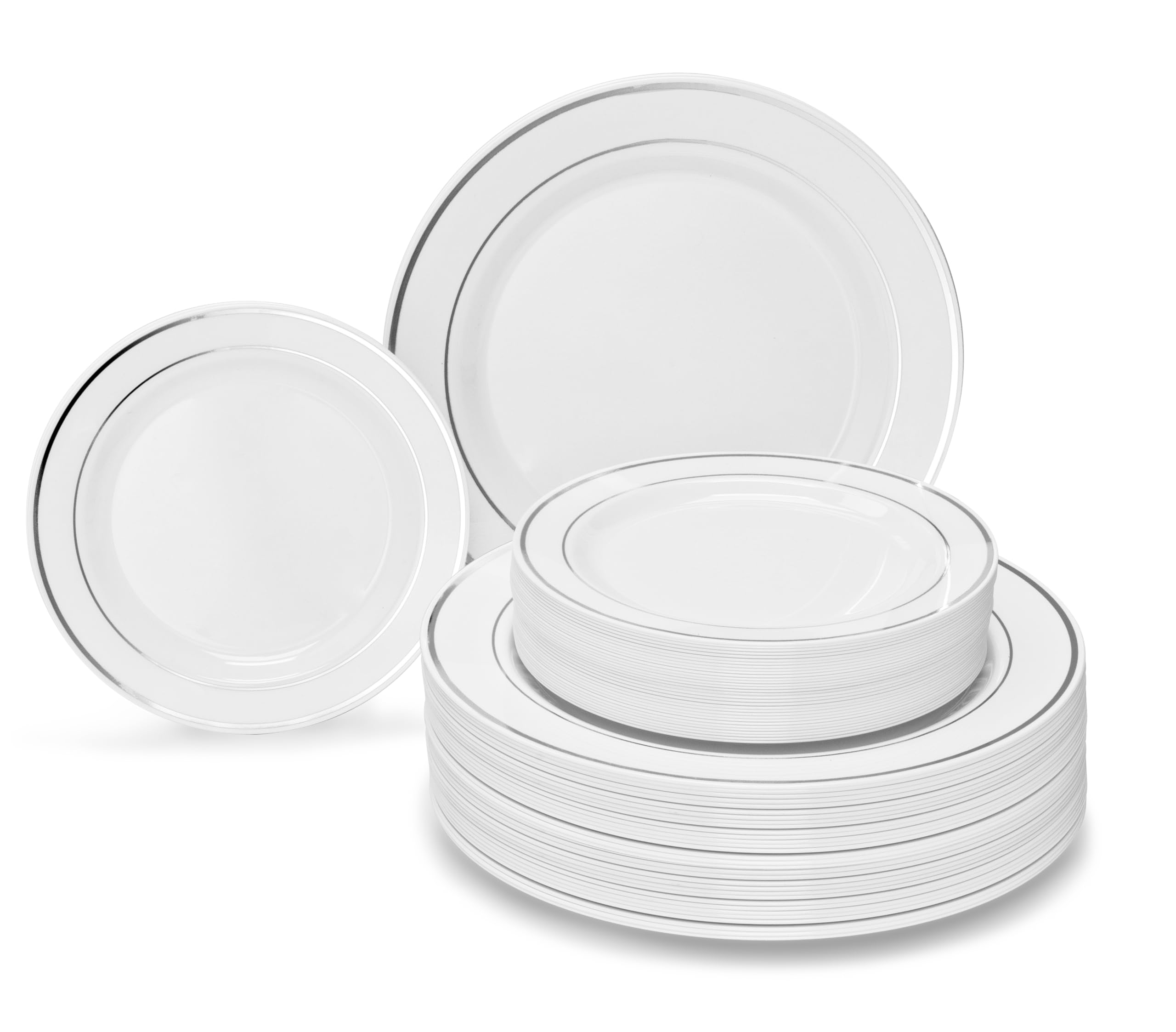 40-Pack Heavyweight Disposable Plastic Plates for Weddings & Parties - 10.5'' Elegant White Dinner Plates with Silver Rim - Perfect for Formal Events, Catering & Special Occasions