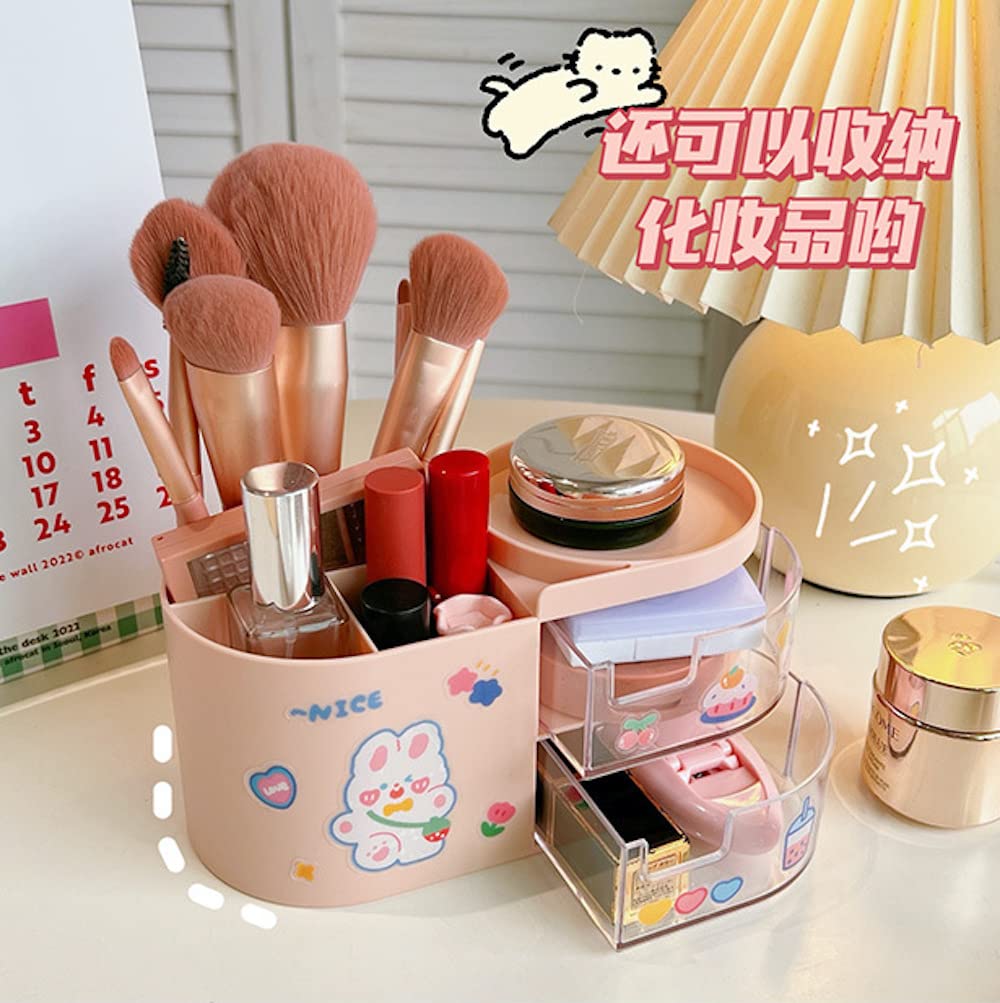Cute Pink Kawaii Desk Organizer with Drawers & Stickers - 7.1x3.6x3.6 Inches School Stationery Storage for Teen Girls - Perfect for Dorm Room, Bedroom & Makeup Organization | DIY Fun Accessories for Home & Office