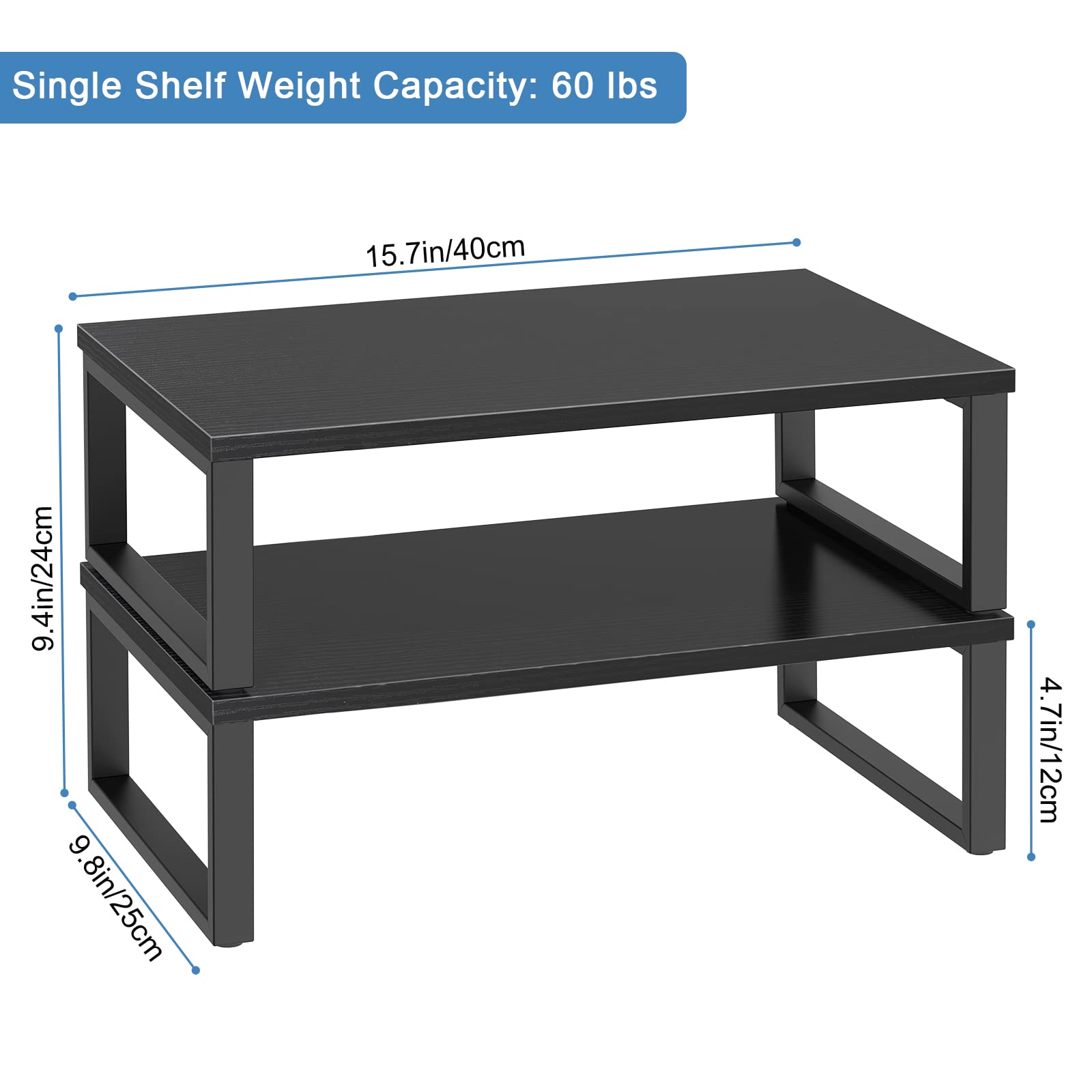 2 Pack Black Wood Monitor Stand Riser with Storage - Adjustable Laptop & Computer Desk Organizer, Desktop Printer Shelf, PC Monitor Lift for Home Office & Gaming Setup