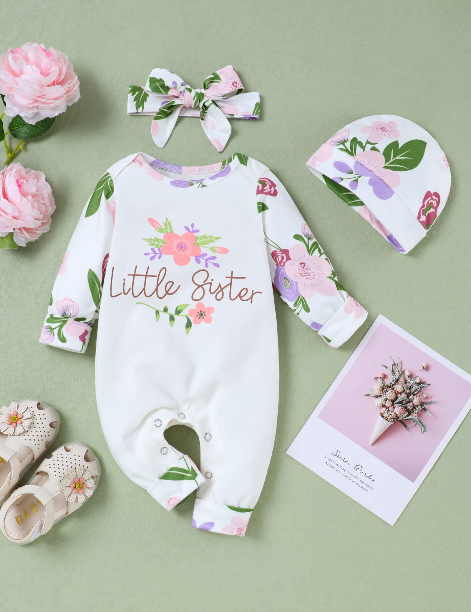 RCPATERN Newborn Baby Girl Outfits - 4Pcs Letter Print Romper Jumpsuits Set | Soft Cotton Infant Clothes for 0-12 Months | Perfect for Photoshoots, Birthday Parties & Daily Wear