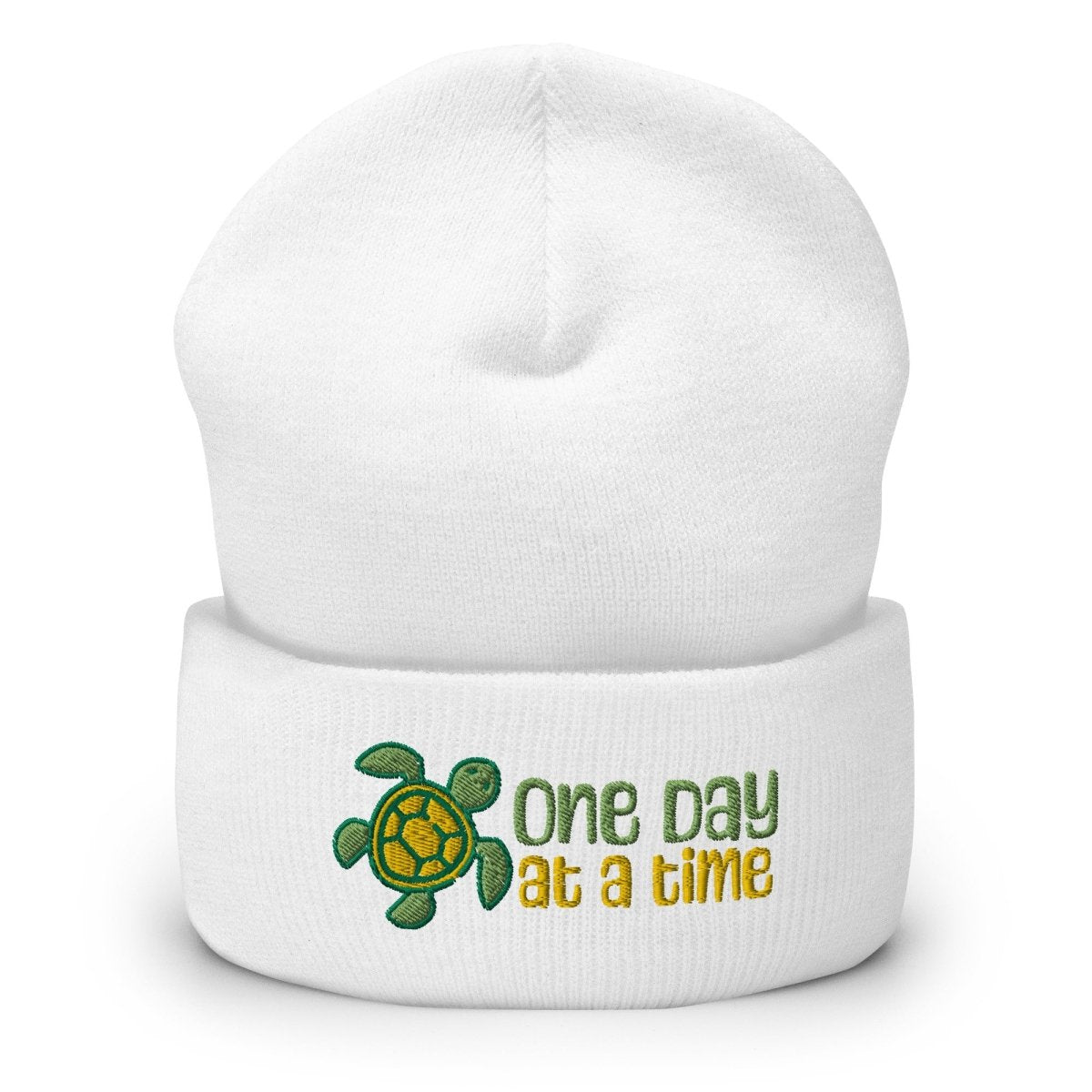 One Day at a Time Turtle Cuffed Beanie - Inspirational Sobriety Gift for Recovery Support - Perfect for AA Meetings, Sober Living & Daily Encouragement