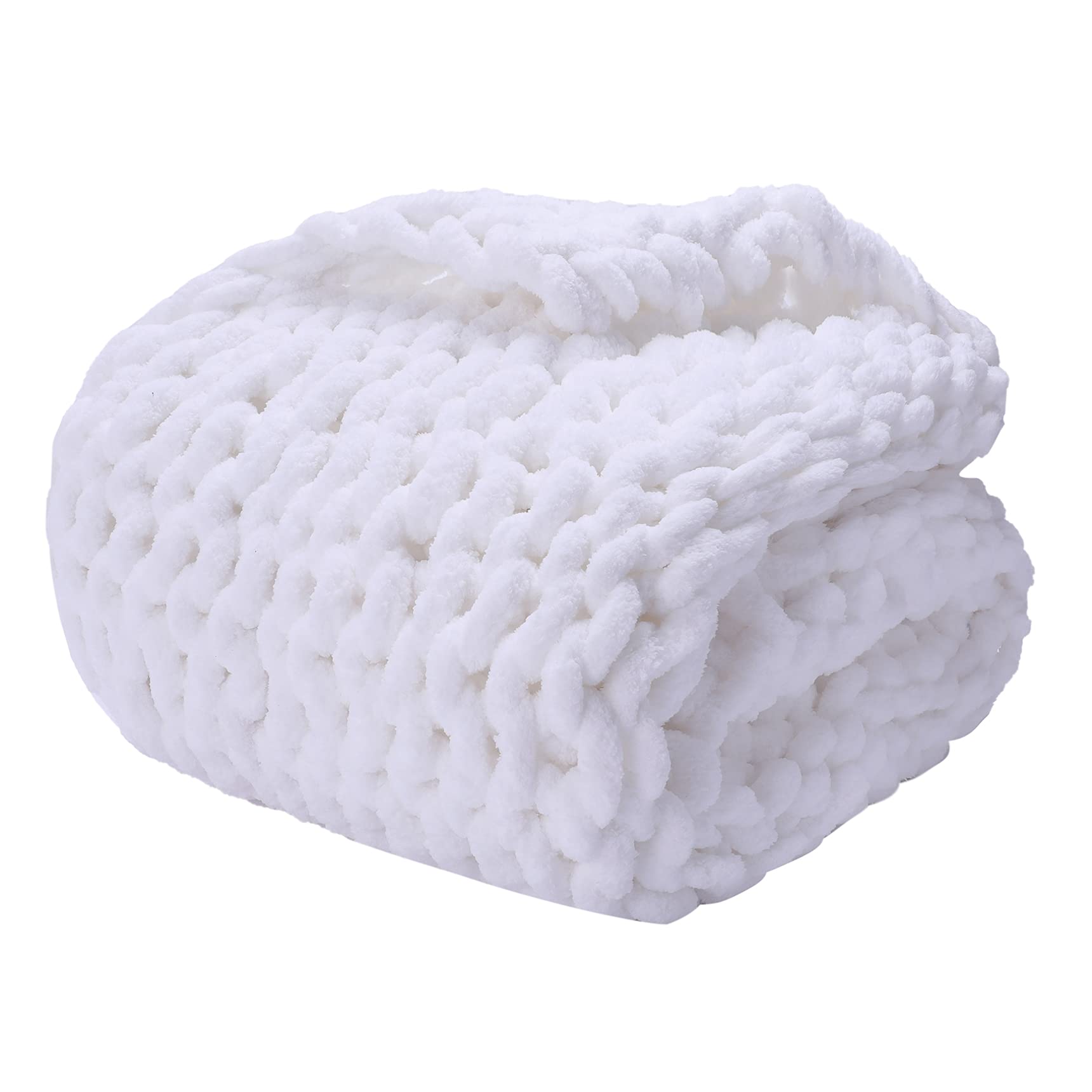 Alzoear Chunky Knit Throw Blanket - Soft Chenille Handmade Cozy Warm Blanket for Sofa, Bed, Couch & Home Decor (White, 50x60 Inches) - Perfect for Winter Nights, Movie Time & Cozy Home Ambience